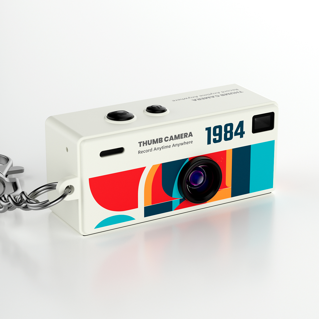 Cámara digital blanca con diseño retro colorido y el texto '1984'.