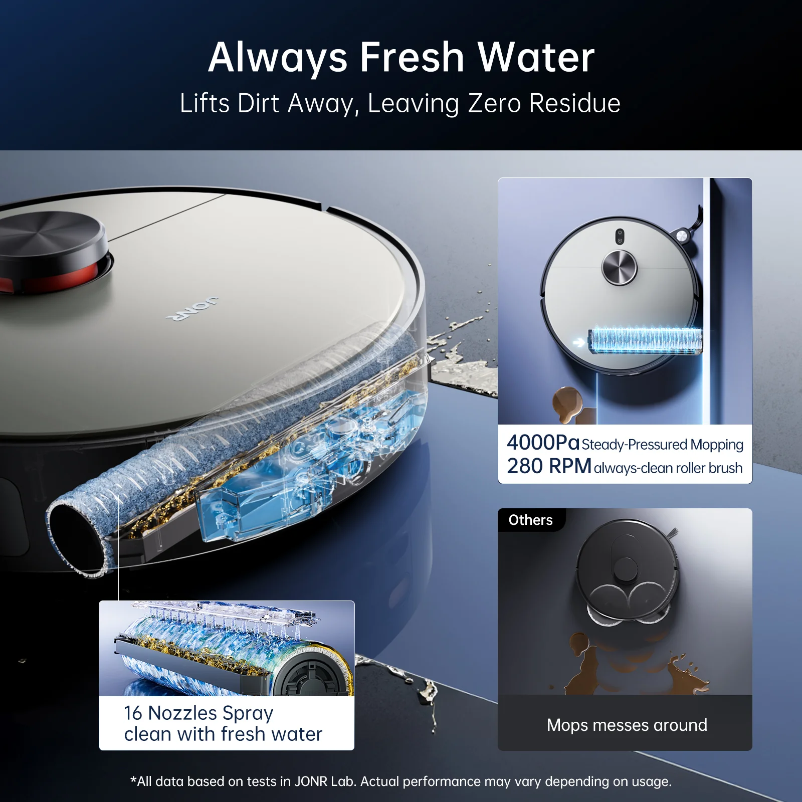 Un robot aspirapolvere con pulizia ad acqua fresca e 16 ugelli.