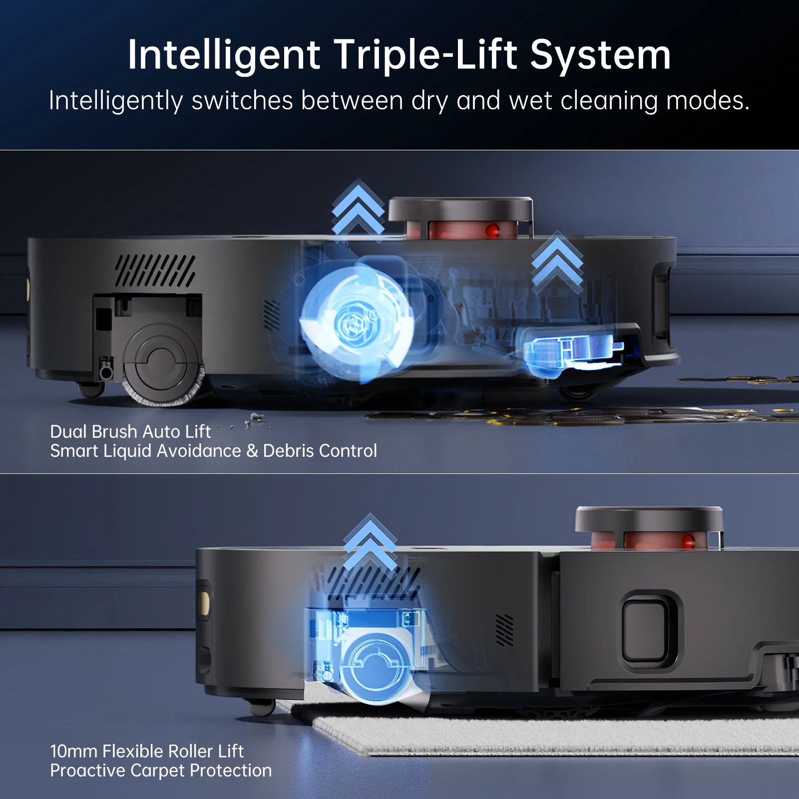Due immagini mostrano un robot aspirapolvere con sistema di sollevamento. Sopra: Sollevamento automatico a doppia spazzola. Sotto: Sollevamento flessibile rullo 10 mm.