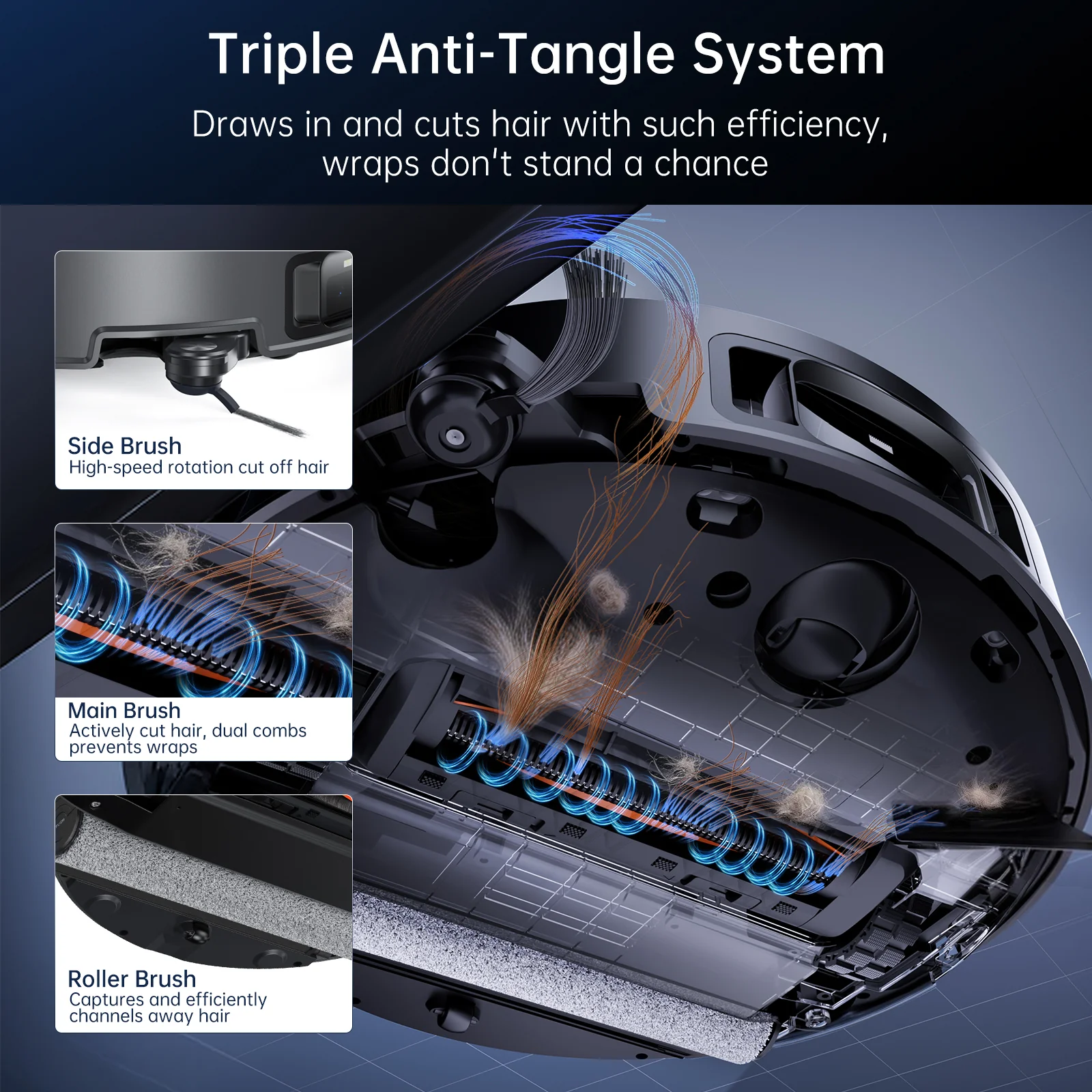 Parte inferiore robot aspirapolvere con spazzole e capelli, focus sul sistema anti-groviglio.