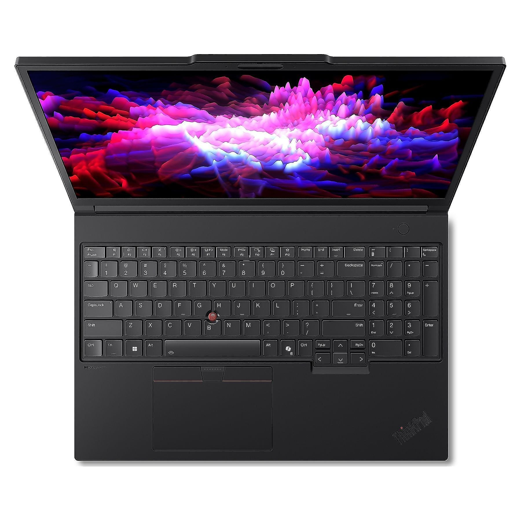 Un laptop nero aperto con uno schermo che mostra un motivo astratto colorato.