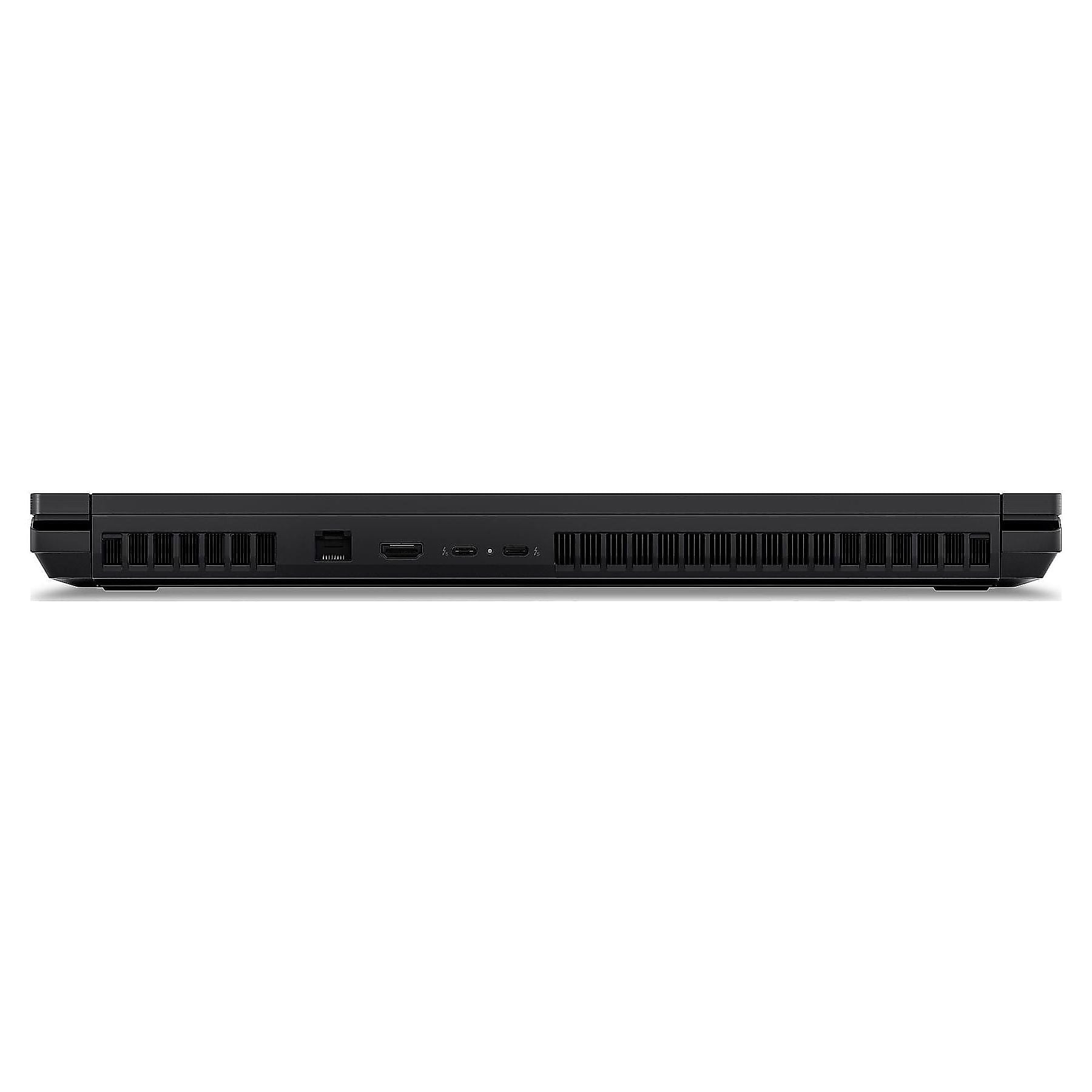 Laptop nero, vista laterale con prese d'aria, porte Ethernet, USB-C e HDMI.