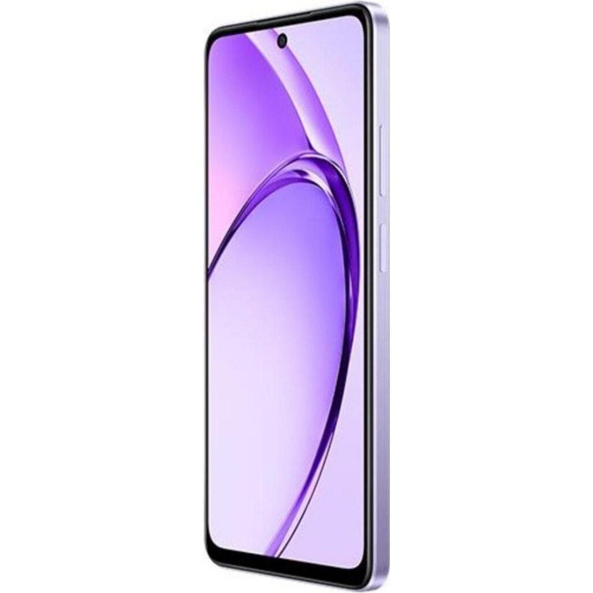 Un smartphone morado con un patrón de ondas estilizado en la pantalla.