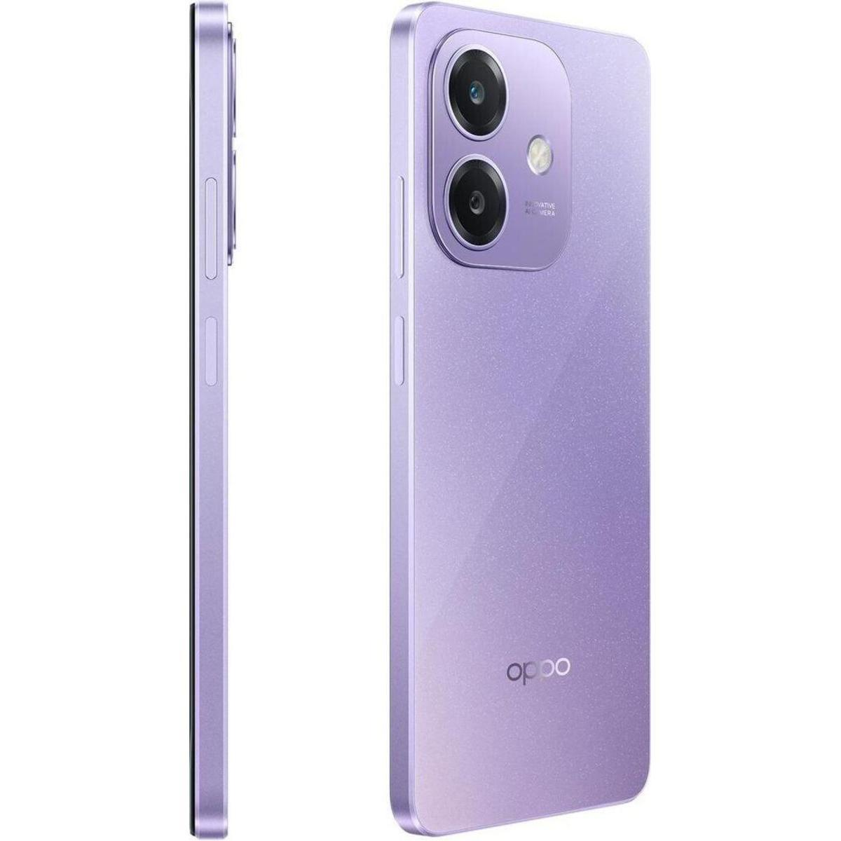 Un smartphone OPPO morado con dos cámaras y el logo de OPPO.