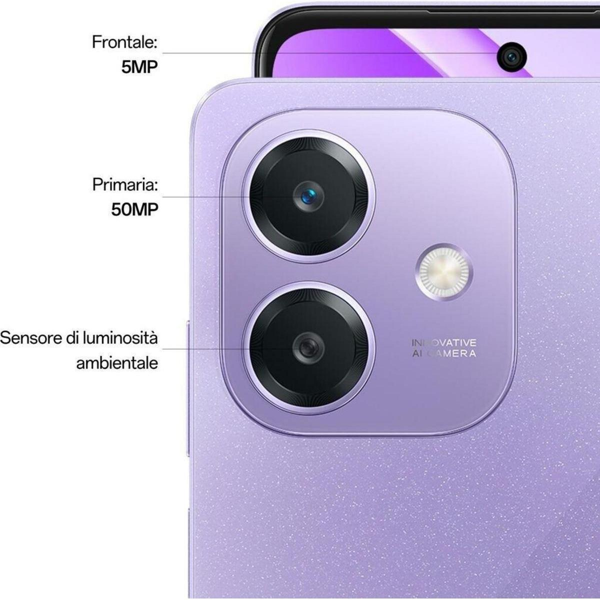 Cámara trasera de smartphone morado con 50MP principal, 5MP frontal y sensor de luz.