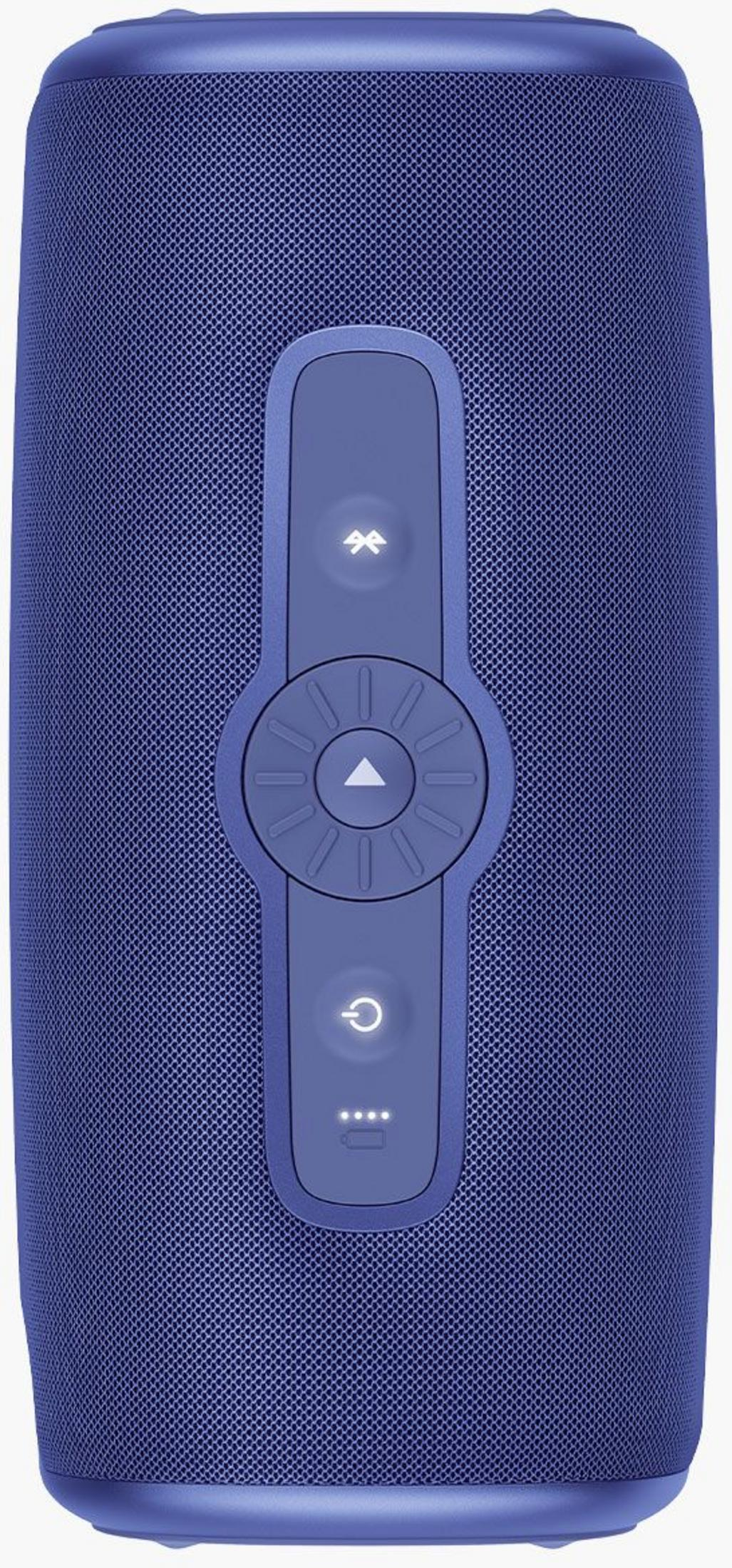 Ein blauer Lautsprecher mit Bedienelementen: Bluetooth, Lautstärke, Ein/Aus und Akkuanzeige.