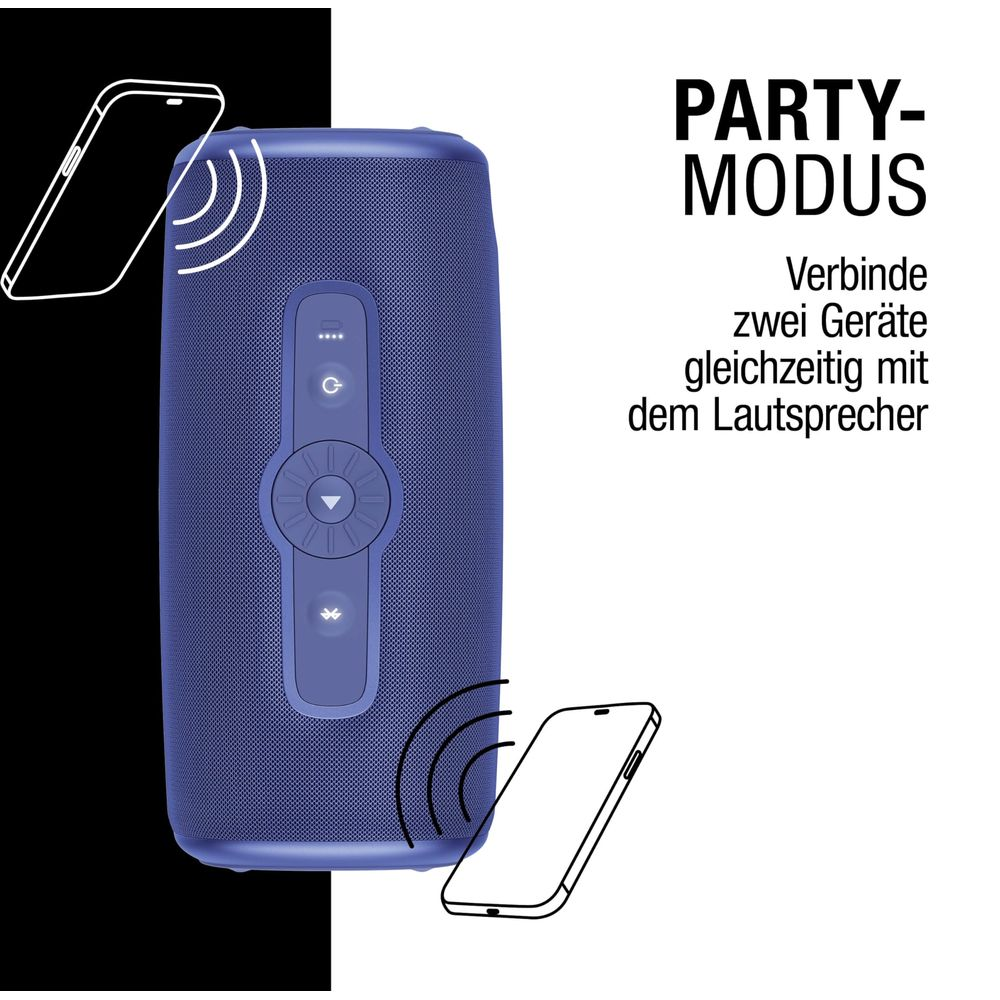 Blauer Lautsprecher mit Symbolen für zwei verbundene Smartphones.