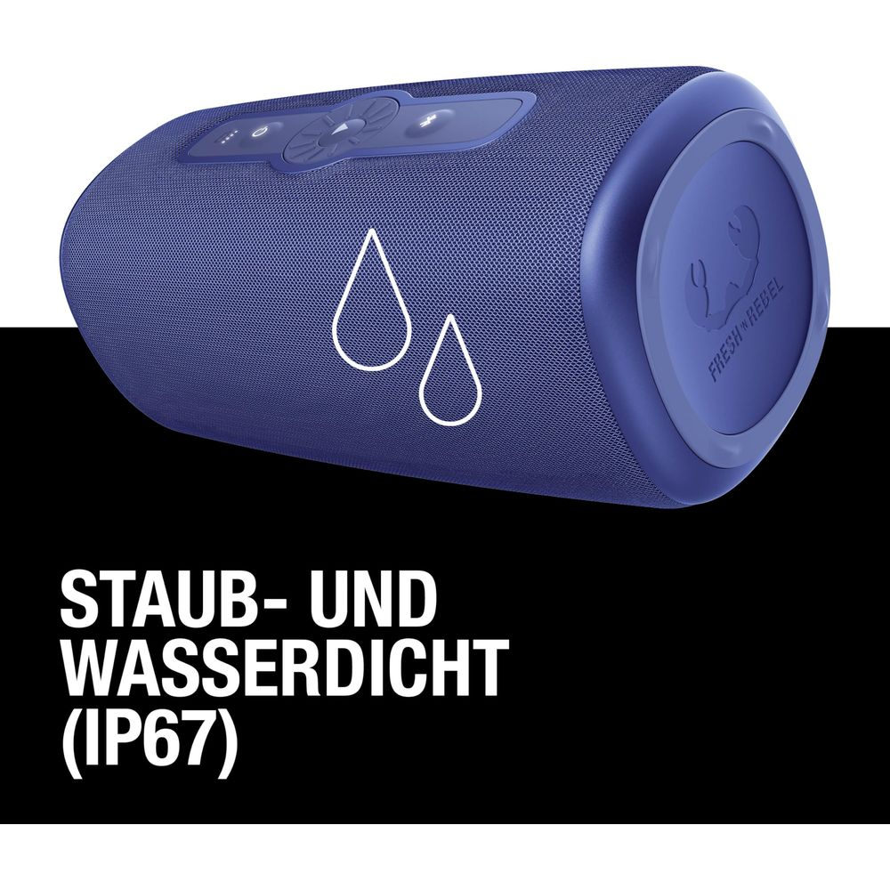Blauer Lautsprecher mit IP67-Zertifizierung. Staub- und Wasserdicht.