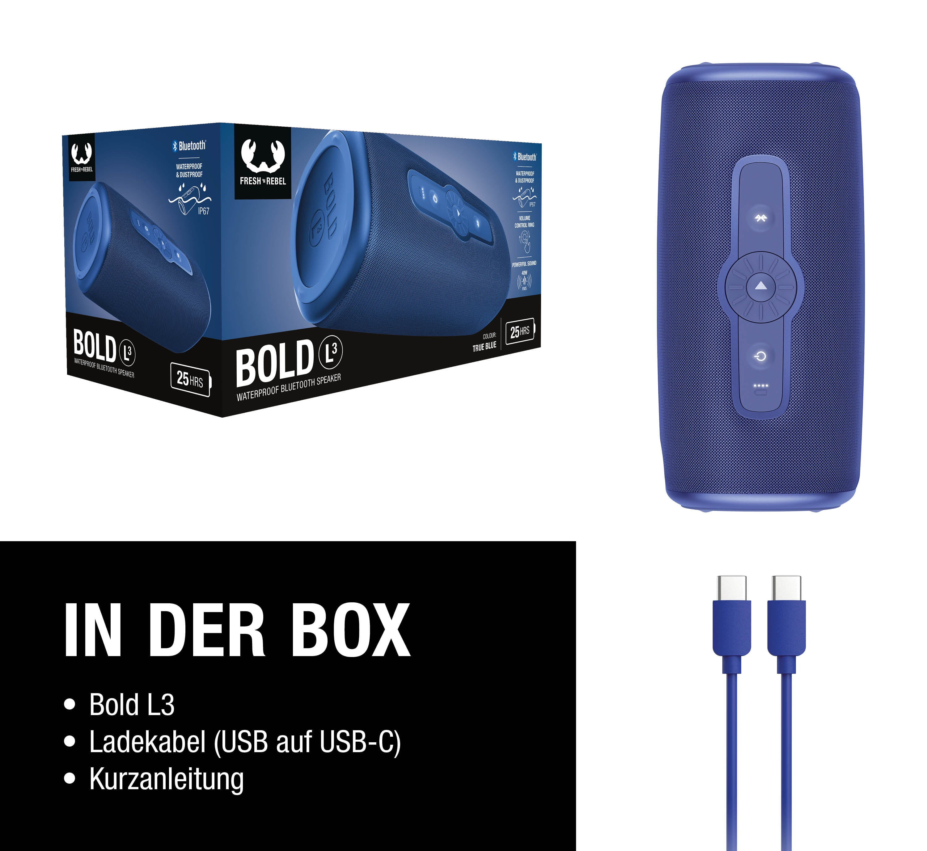 Ein blauer Bluetooth-Lautsprecher, Verpackung und Ladekabel.