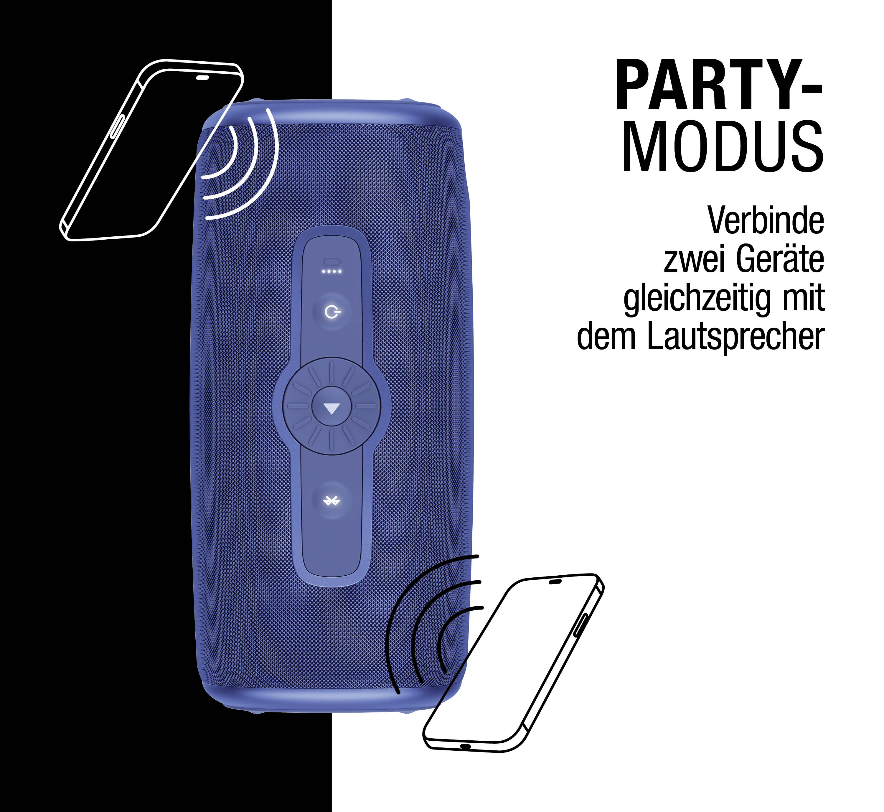 Blauer Lautsprecher mit zwei Telefonen und Wellenlinien