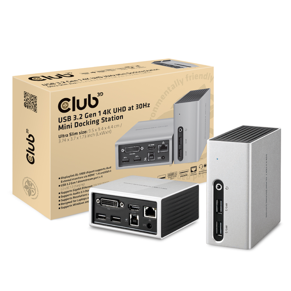 Club 3D USB 3.2 Gen 1 Dockingstation mit Anschlüssen.
