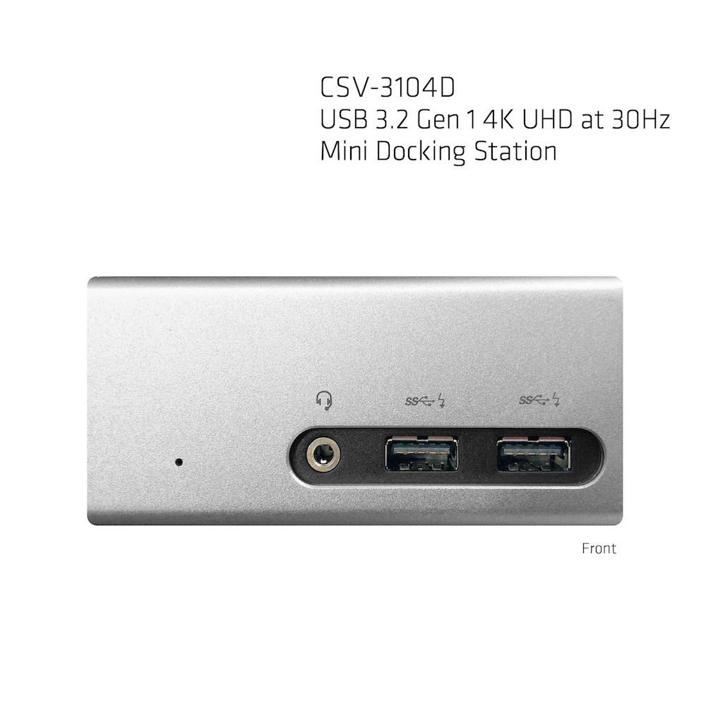 Silberne Mini-Dockingstation mit zwei USB-Anschlüssen, Kopfhöreranschluss und Statusleuchte.