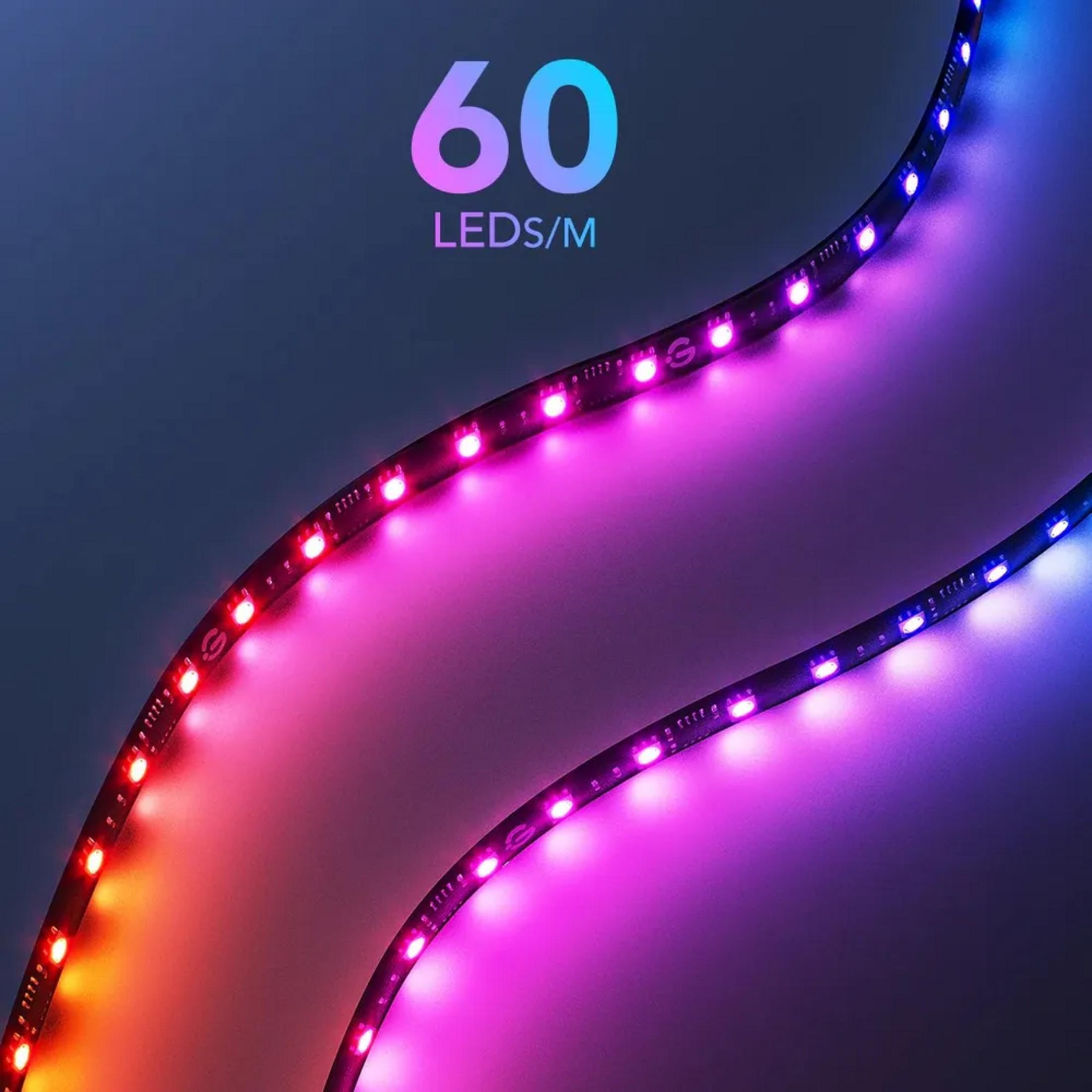 Striscia LED da 60 LED/m illuminata in rosso, rosa e blu.