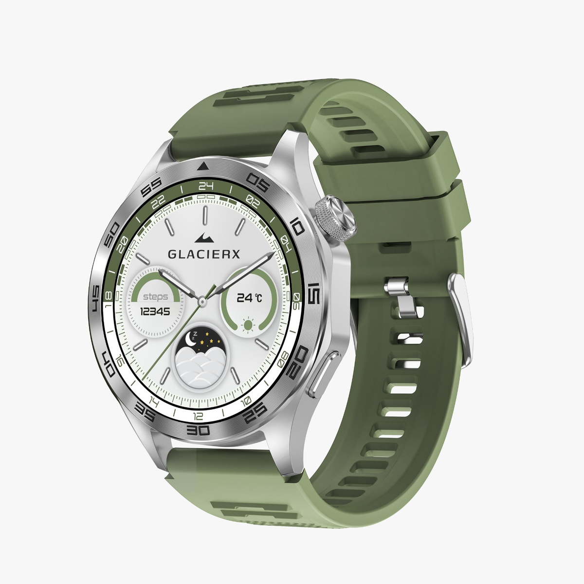 Zielony smartwatch ze srebrną obudową i białym cyferblatem.