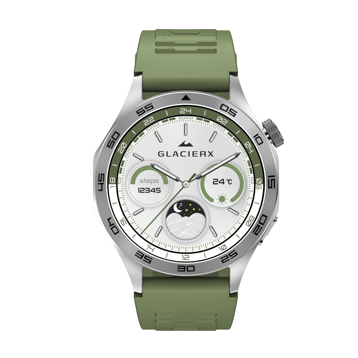 Srebrny smartwatch z zielonym paskiem, białą tarczą pokazującą kroki i temperaturę.
