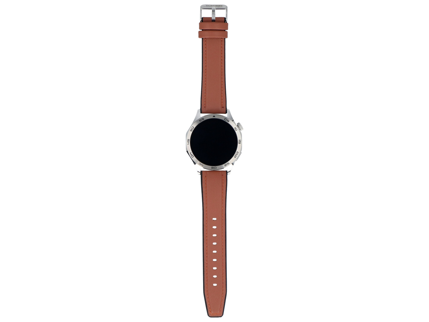 Srebrny smartwatch z brązowym skórzanym paskiem na białym tle.