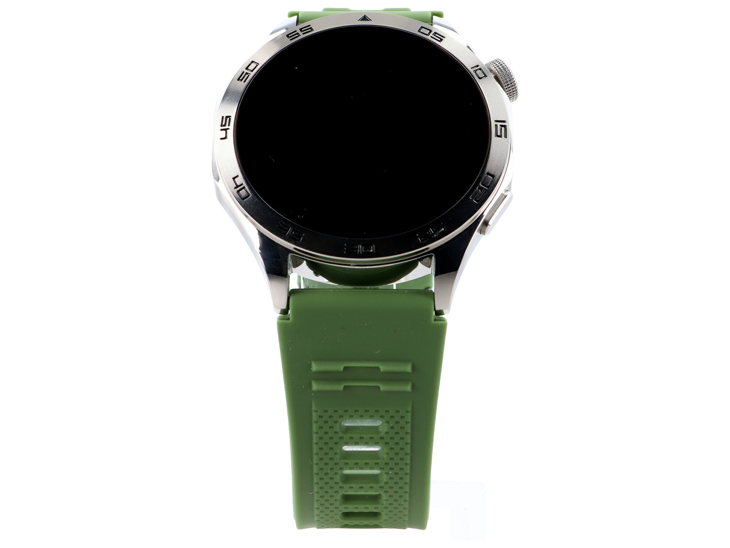 Zielony smartwatch ze srebrną kopertą i czarnym ekranem.