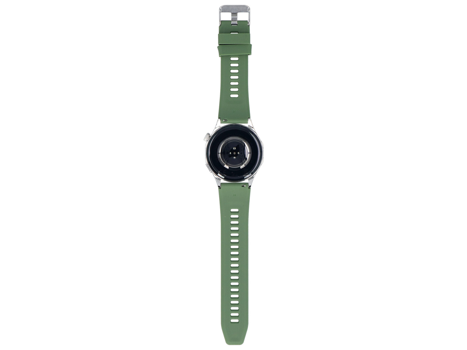 Zielony smartwatch ze srebrną obudową i czarną tarczą.