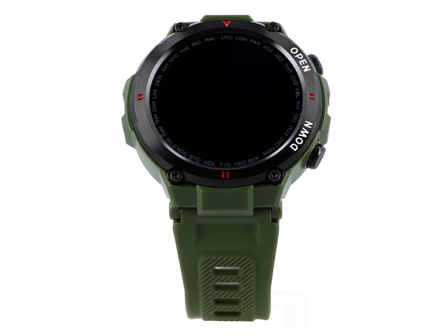 Zielony smartwatch z czarną tarczą i nazwami miast na bezelu.