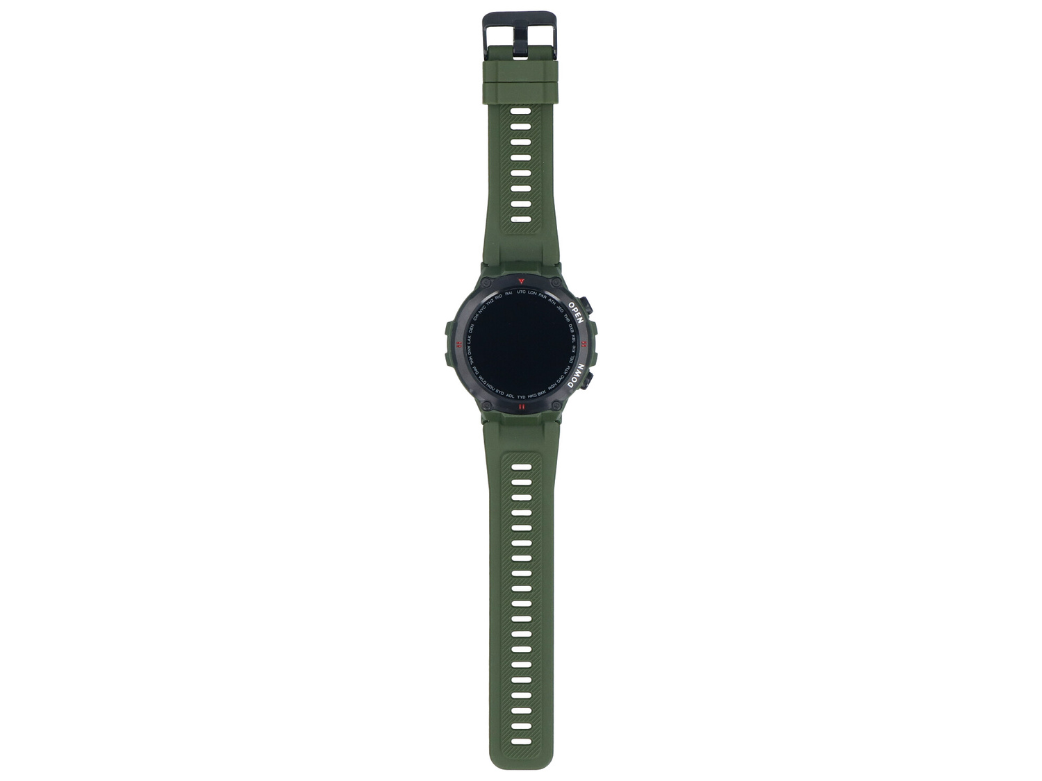 Zielony smartwatch z czarną tarczą i silikonowym paskiem.