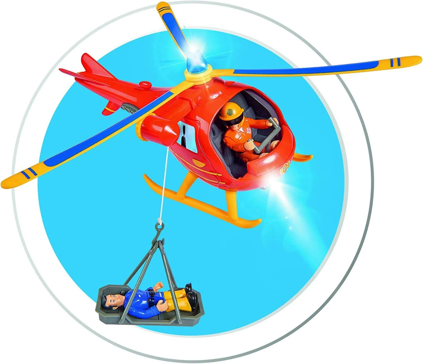 Czerwony helikopter zabawa z pilotem i noszami ratunkowymi z osobą.