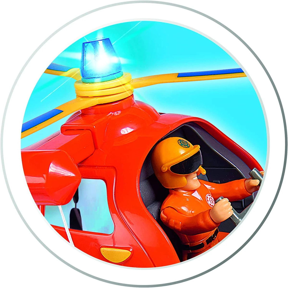 Zabawkowy pilot w czerwonym helikopterze z niebieskimmkiem.