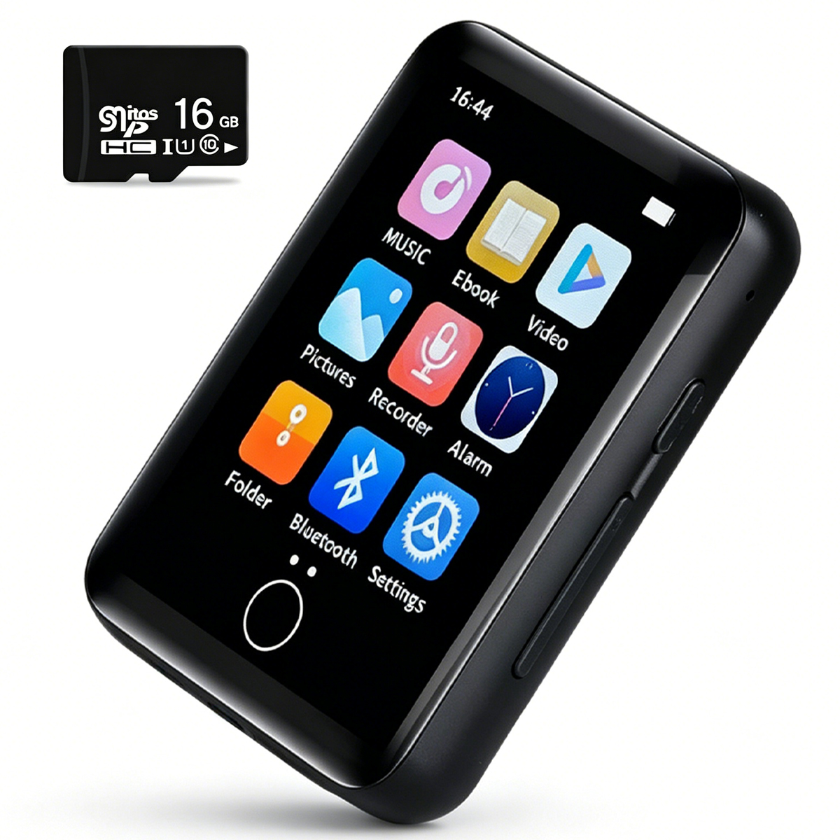 Ein schwarzer MP3-Player mit Apps und eine 16-GB-SD-Karte.