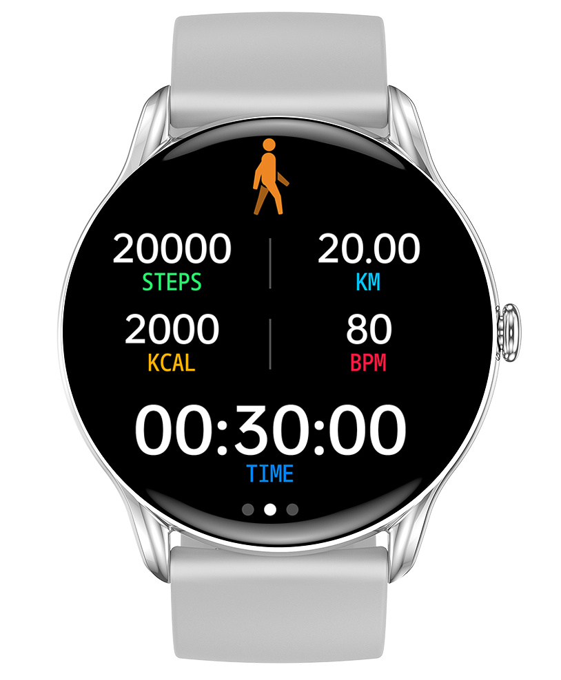 Smartwatch wyświetla 20000 kroków, 2000 kcal, 20 km, 80 BPM i czas 00:30:00.