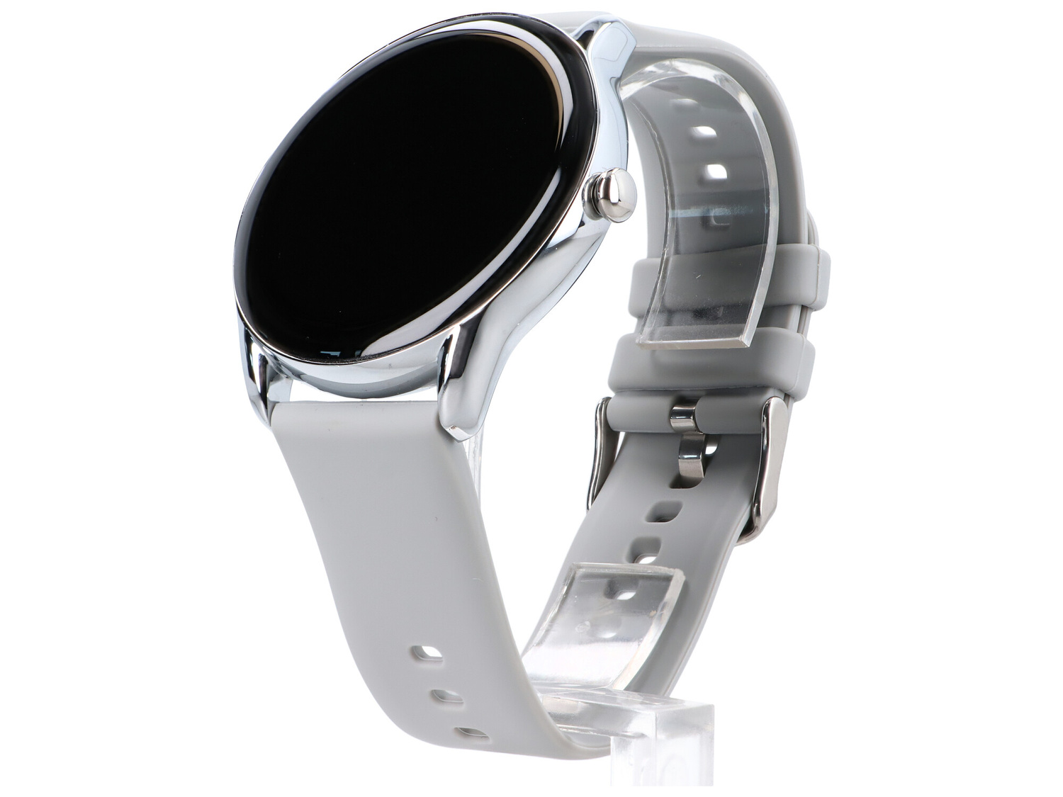 Szary smartwatch z srebrną obudową i czarnym ekranem.