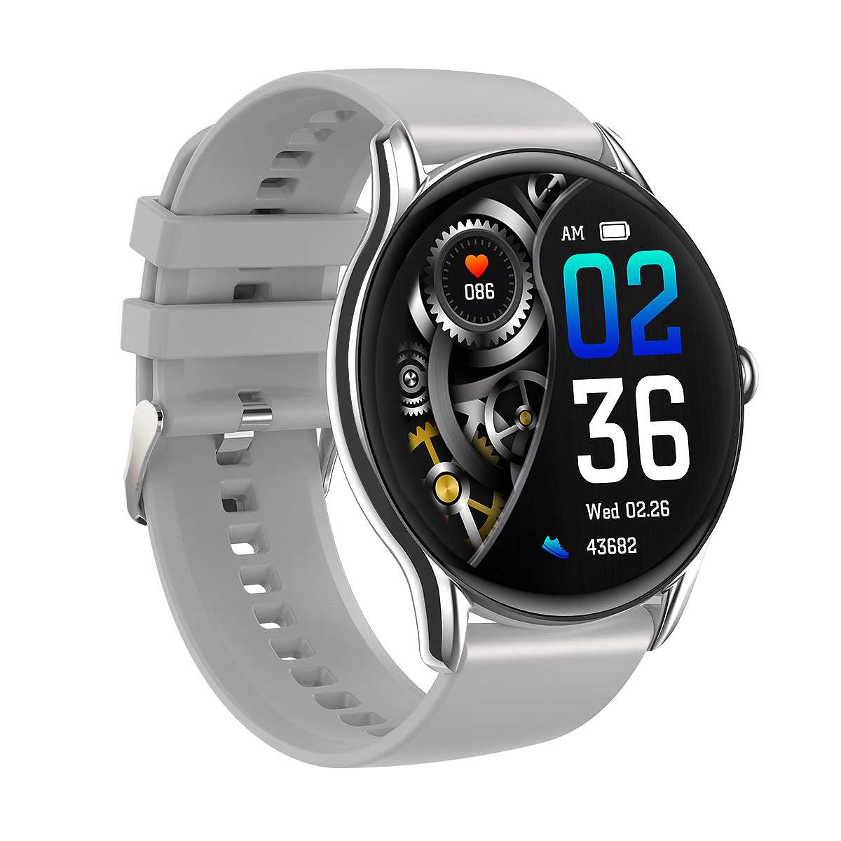 Szary smartwatch z okrągłą tarczą i srebrną obudową.