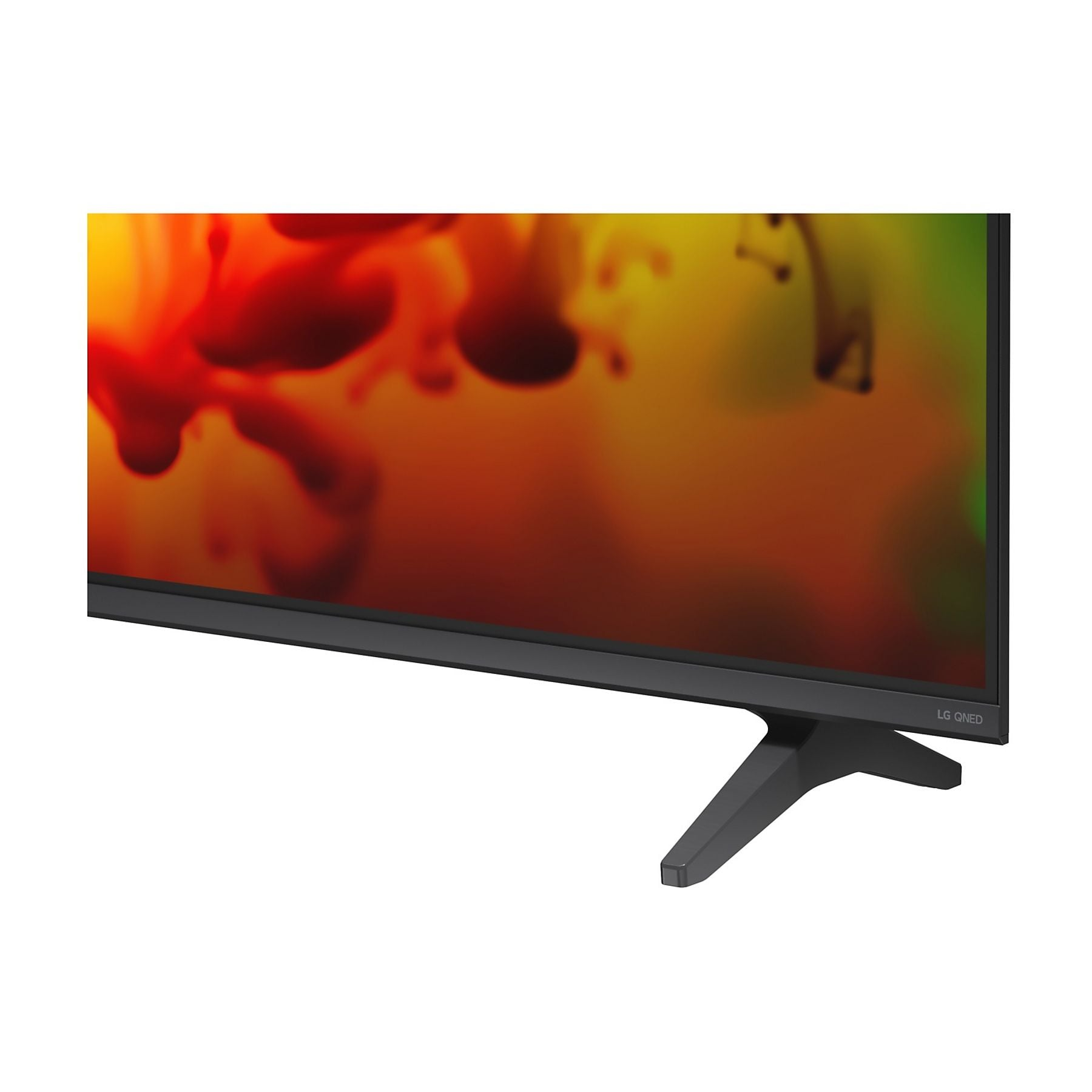 TV LG QNED con immagine astratta rossa e gialla su sfondo bianco.
