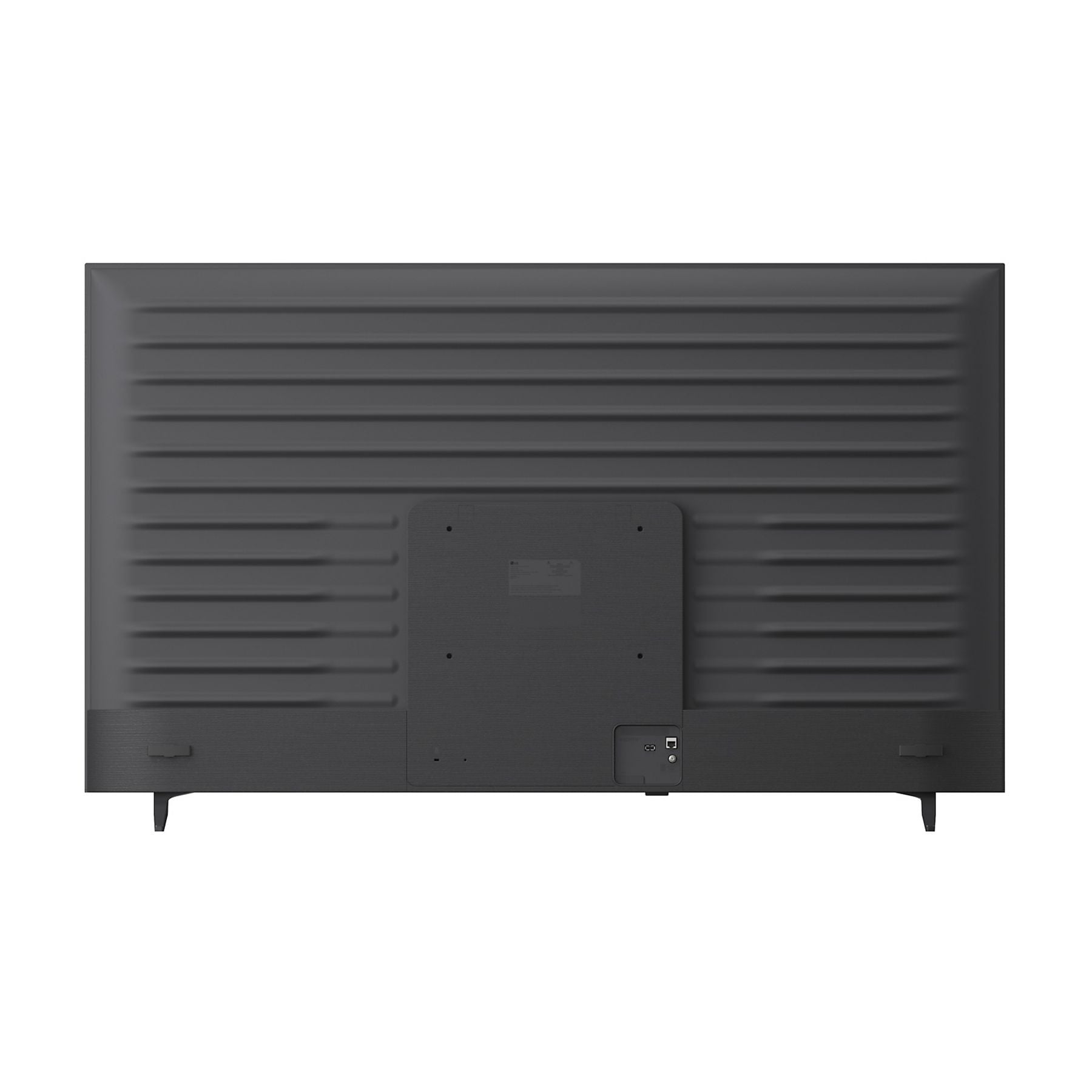 Retro di una TV nera con scanalature orizzontali e porte.