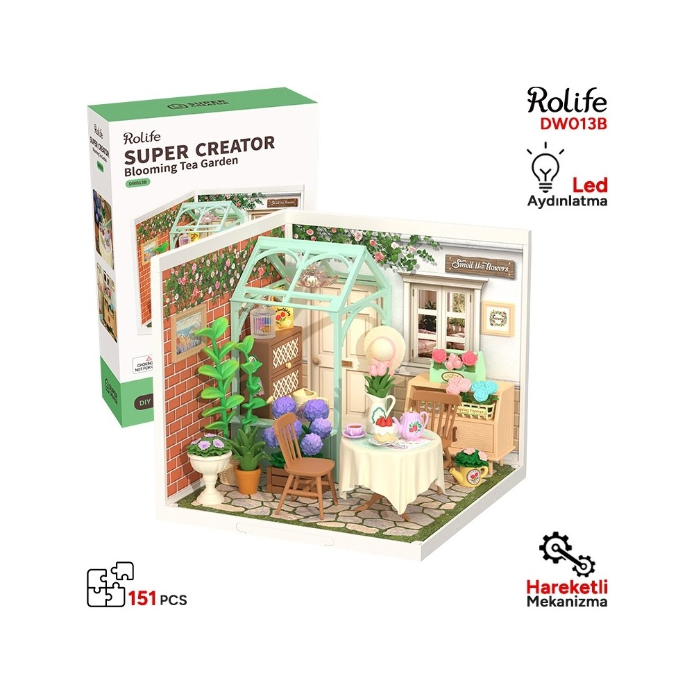 Mobilya, bitki ve ışıklarla minyatür çay bahçesi modeli.