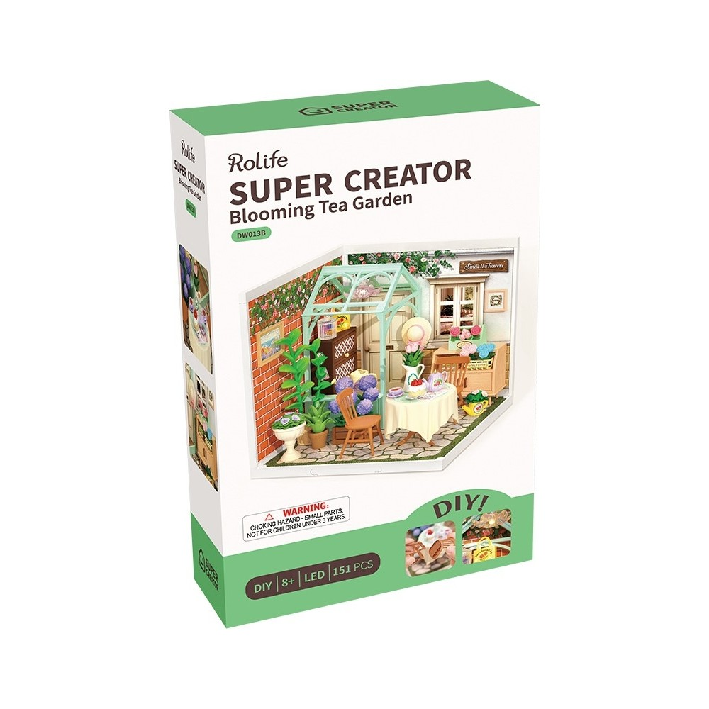 Rolife Super Creator Blooming Tea Garden Kendin Yap kit kutusu minyatür sera sahnesiyle.