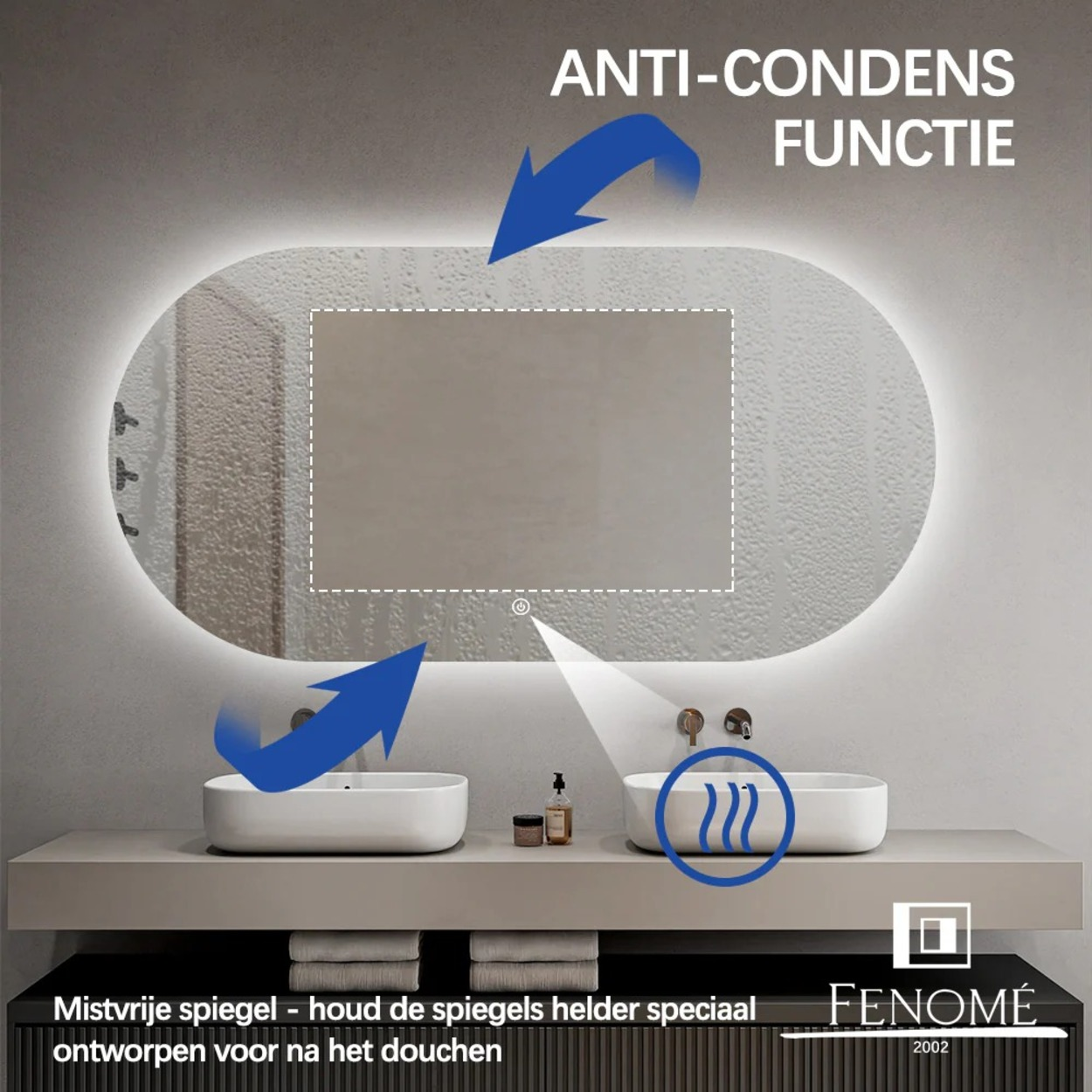 Ovale badkamerspiegel met licht, anti-condens functie.