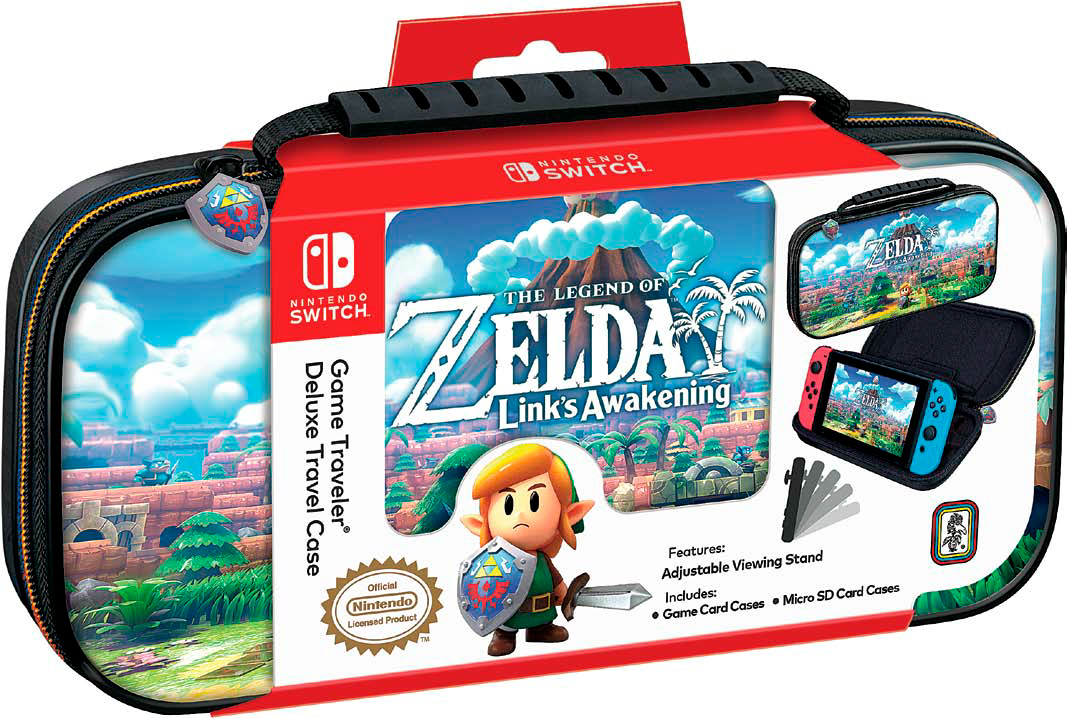 Etui podróżne Nintendo Switch z motywem Zeldą, Linkiem i akcesoriami.