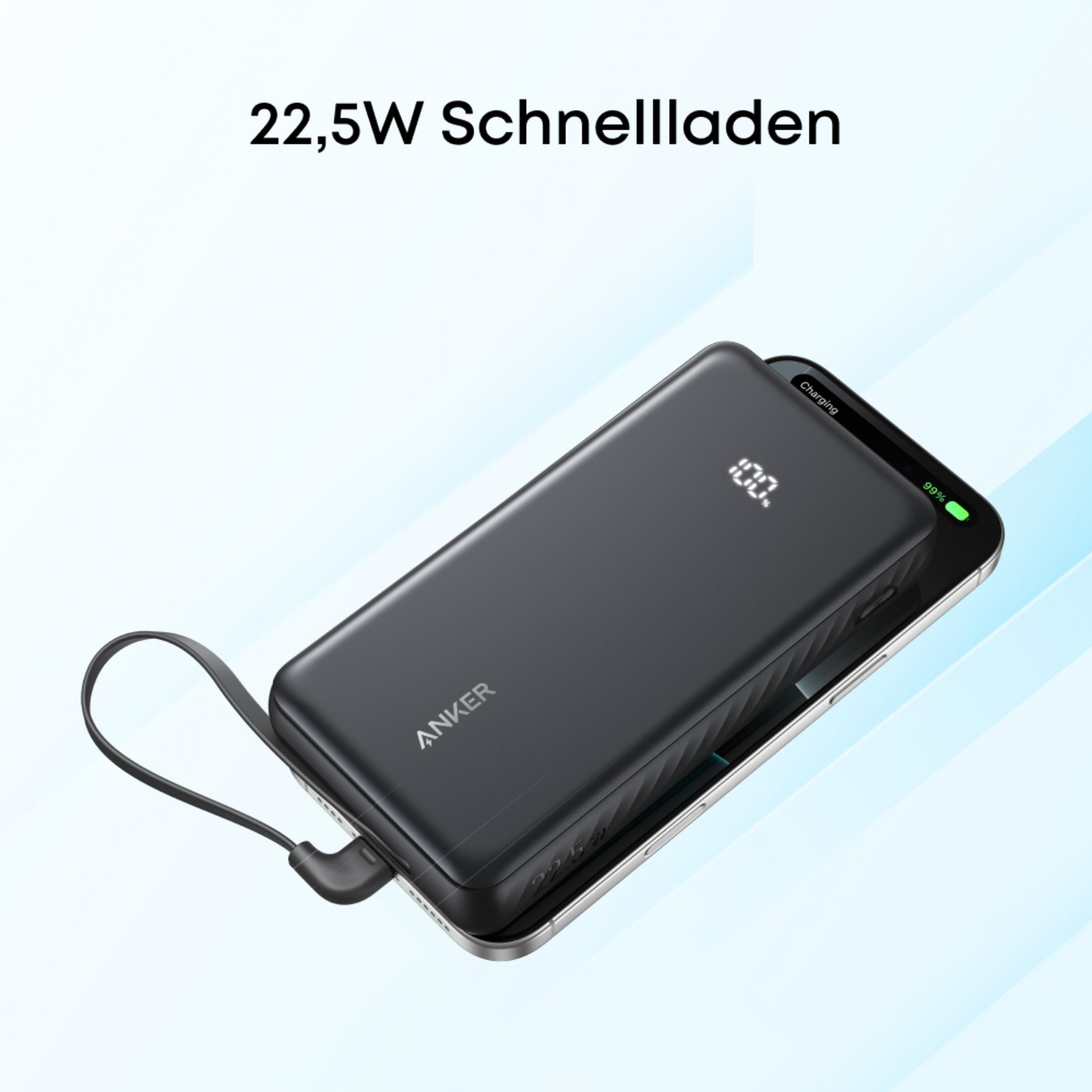 Un power bank Anker negro carga un iPhone mostrando 100% de batería.
