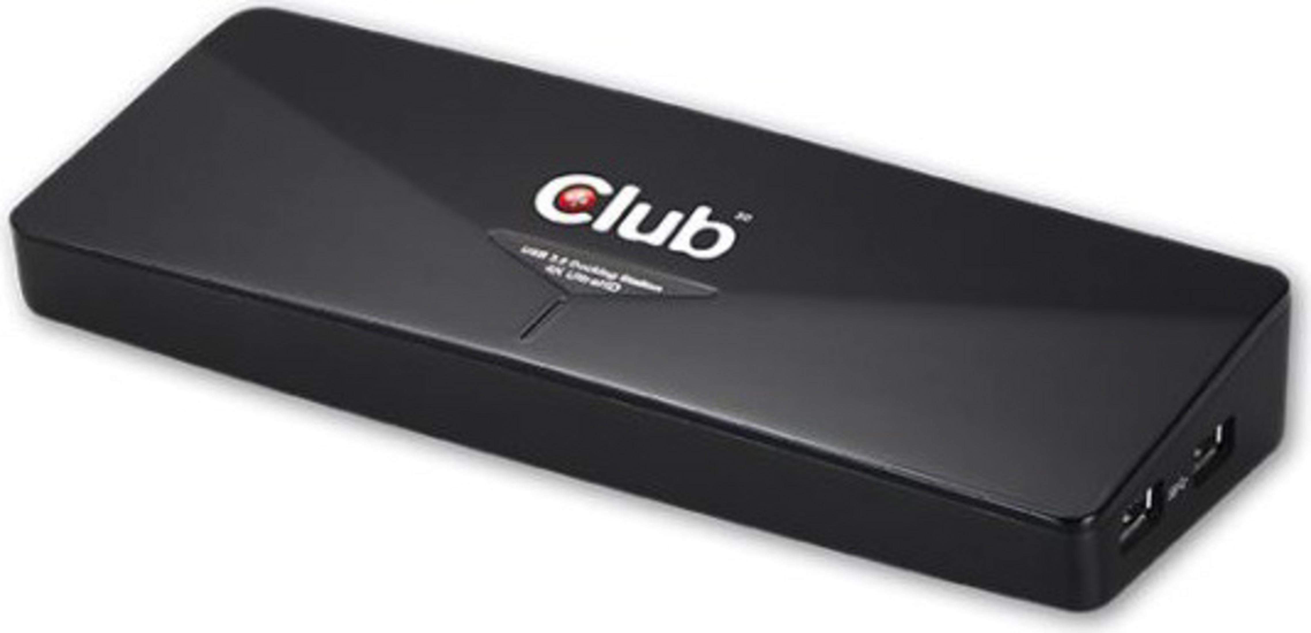 Schwarze USB 3.0 Dockingstation mit 'Club 30' Logo und zwei sichtbaren USB-Anschlüssen.