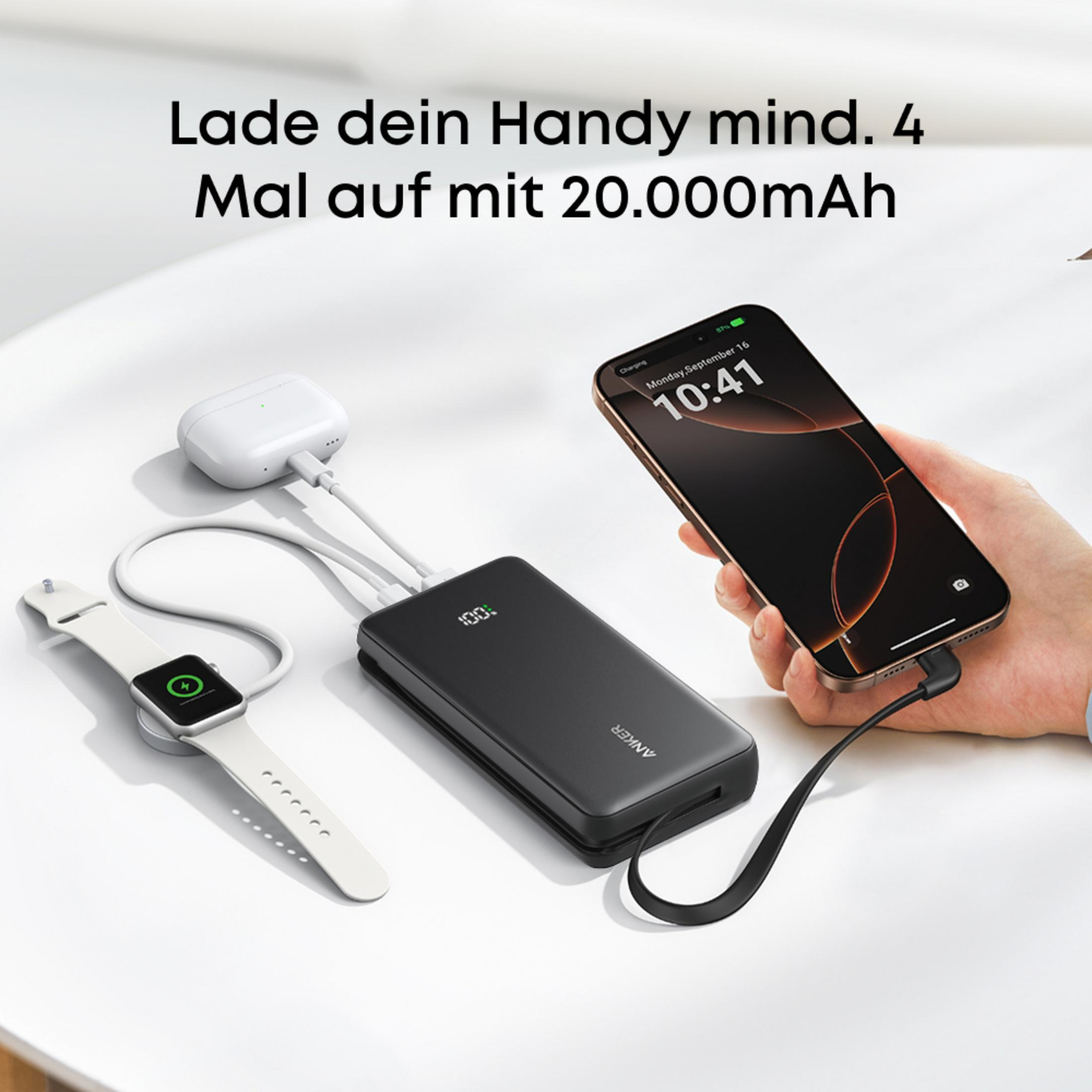 Powerbank negra carga móvil, reloj y auriculares. 100% mostrado.