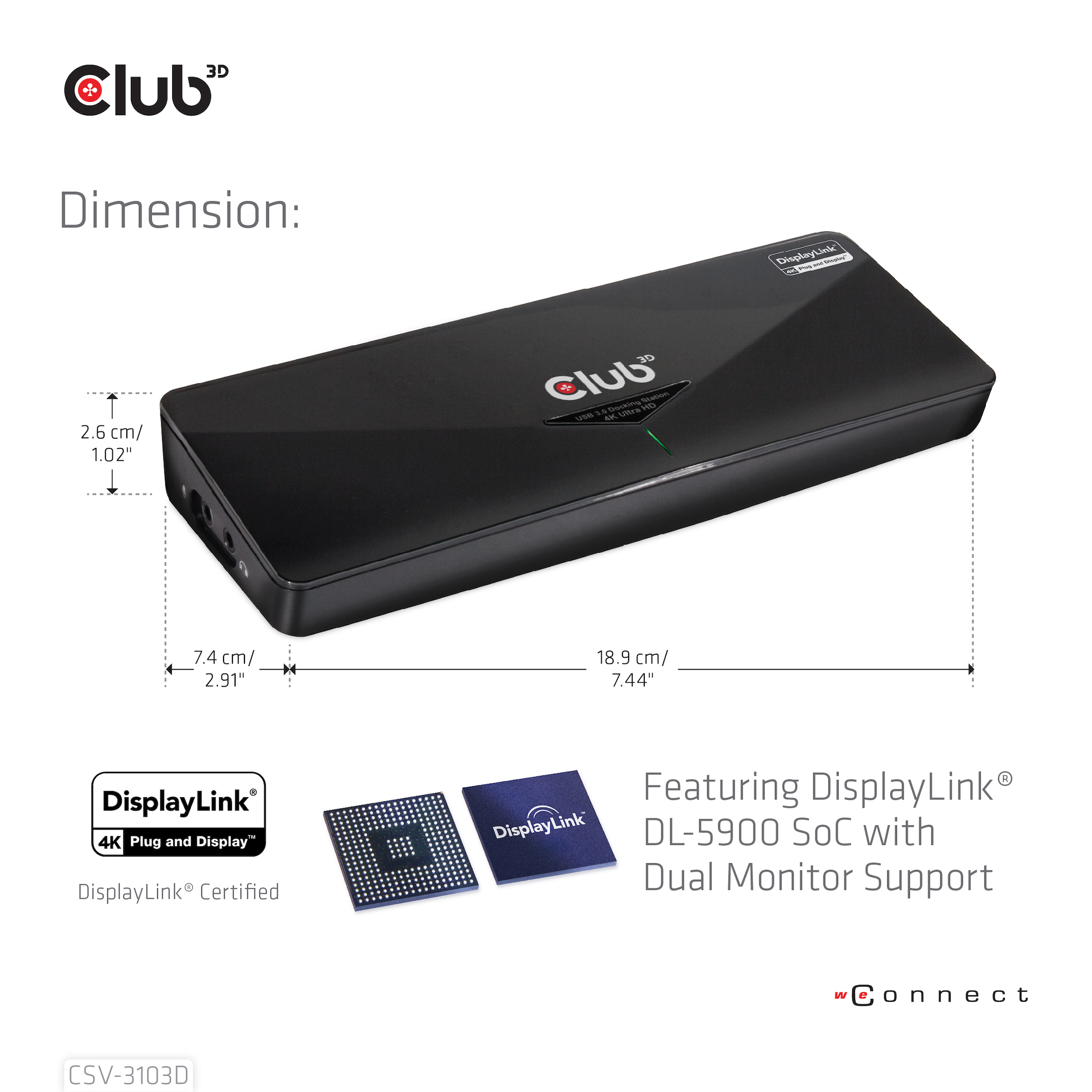 Schwarzer Club 3D USB 3.0 Docking-Adapter mit DisplayLink-Chip und Abmessungen.