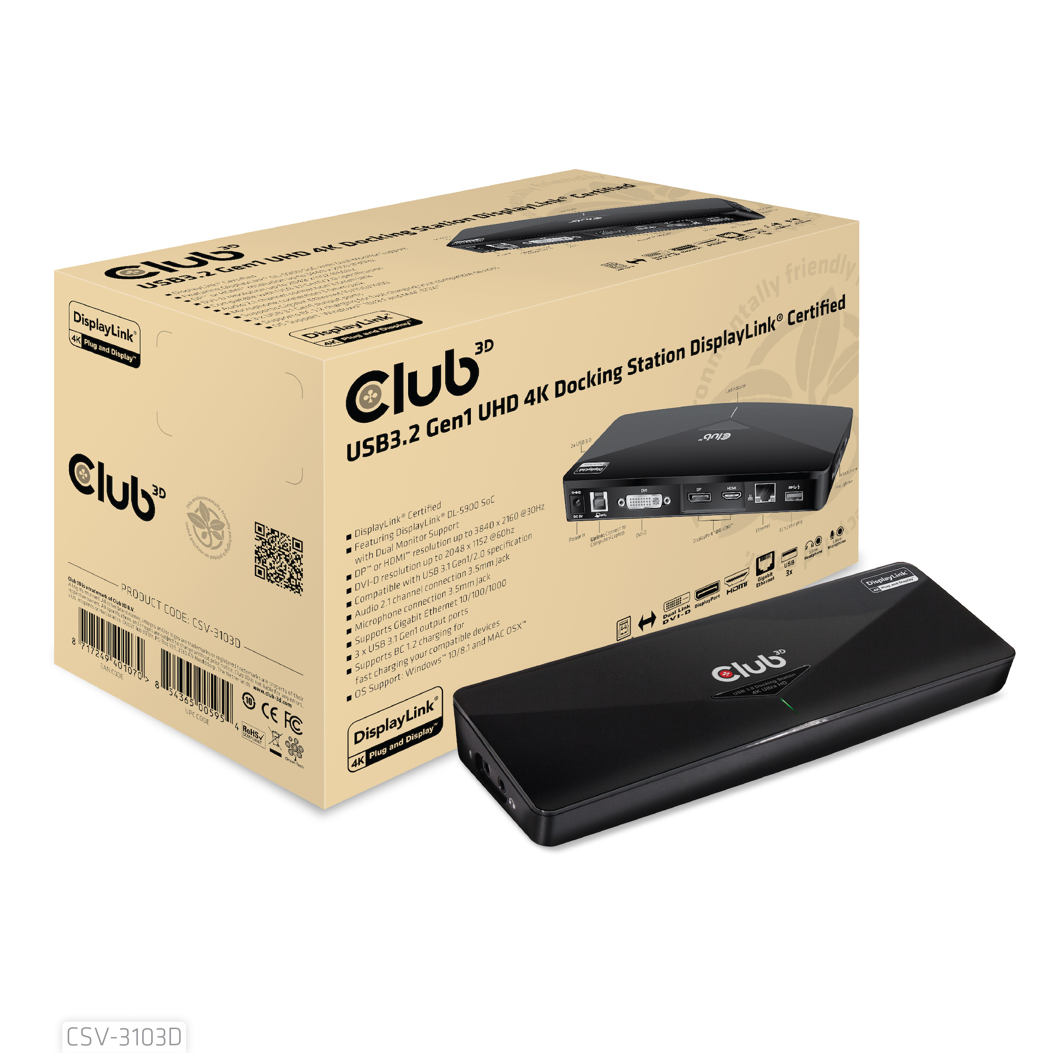 Club 3D USB 3.2 Gen1 Docking Station mit 4K-Auflösung, Zubehör und Verpackung.
