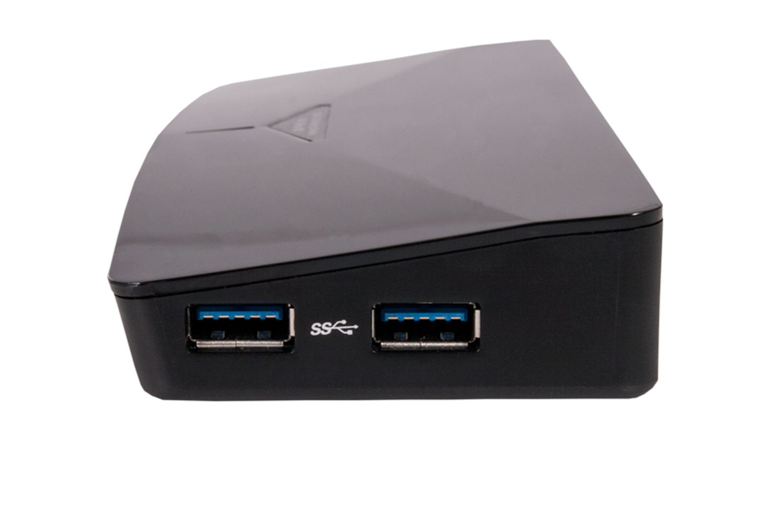 Schwarzes USB-Hub mit zwei blauen USB 3.0 Anschlüssen und SS-Logo.
