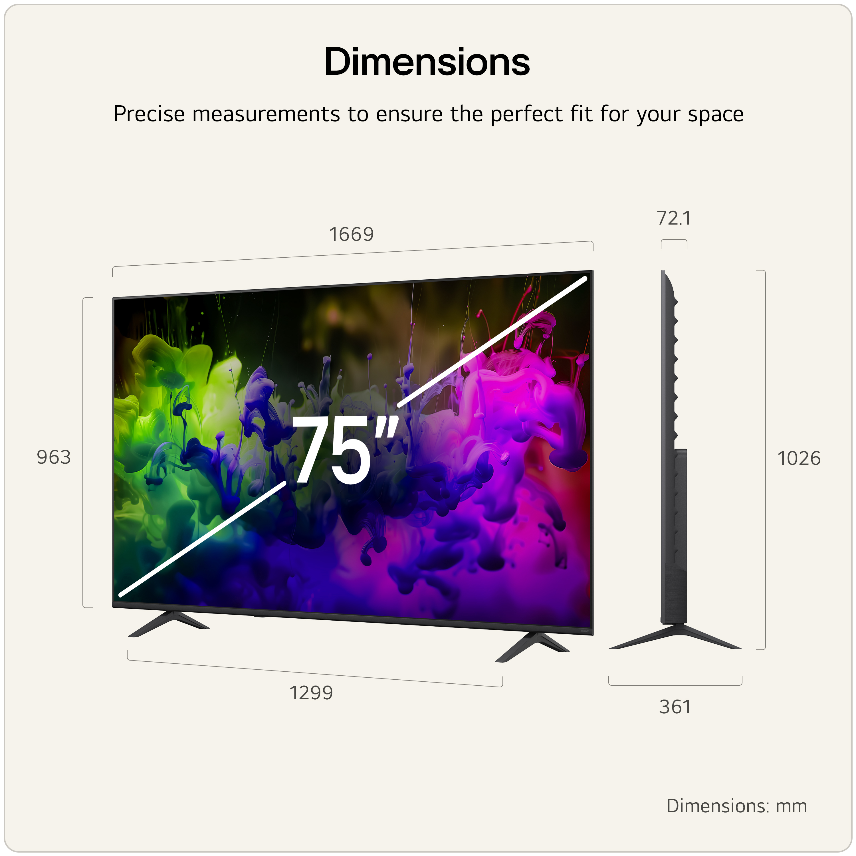 75 inç TV boyutları: Yükseklik 963mm, Genişlik 1669mm, Derinlik 361mm.