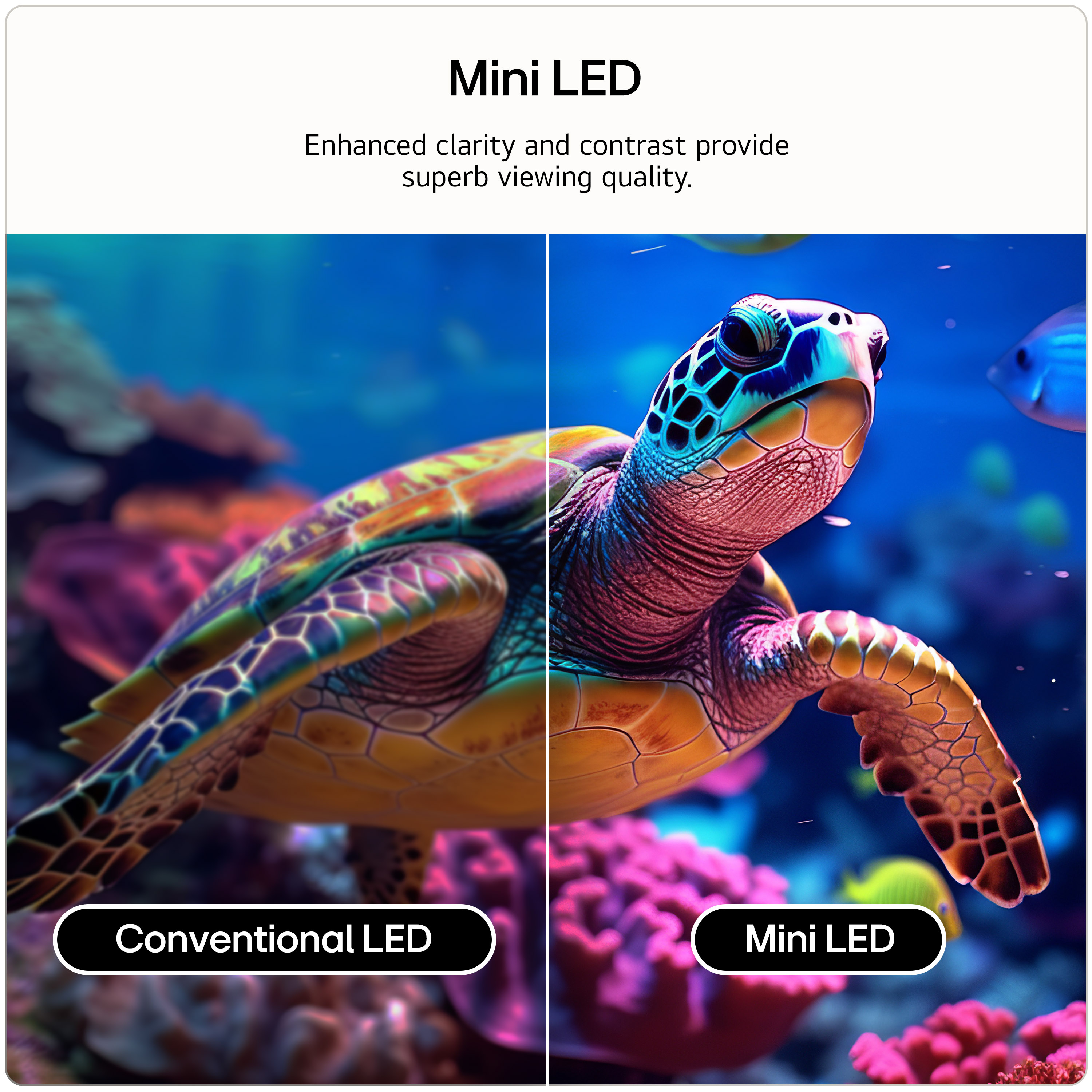 Geleneksel LED ve Mini LED karşılaştırması, kaplumbağa ve balık ile.