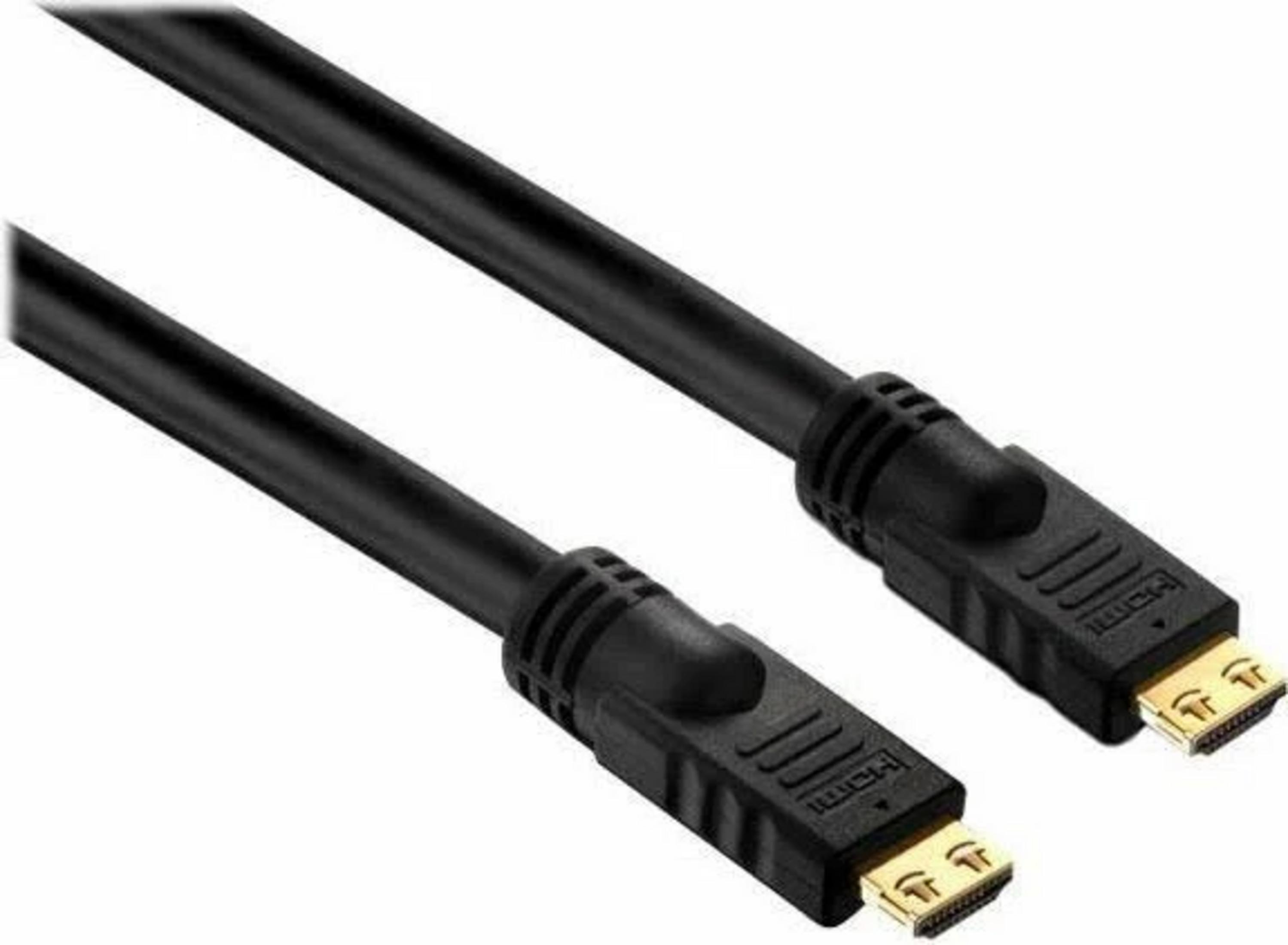 Schwarzes HDMI-Kabel mit goldenen Steckern und HDMI-Beschriftung.