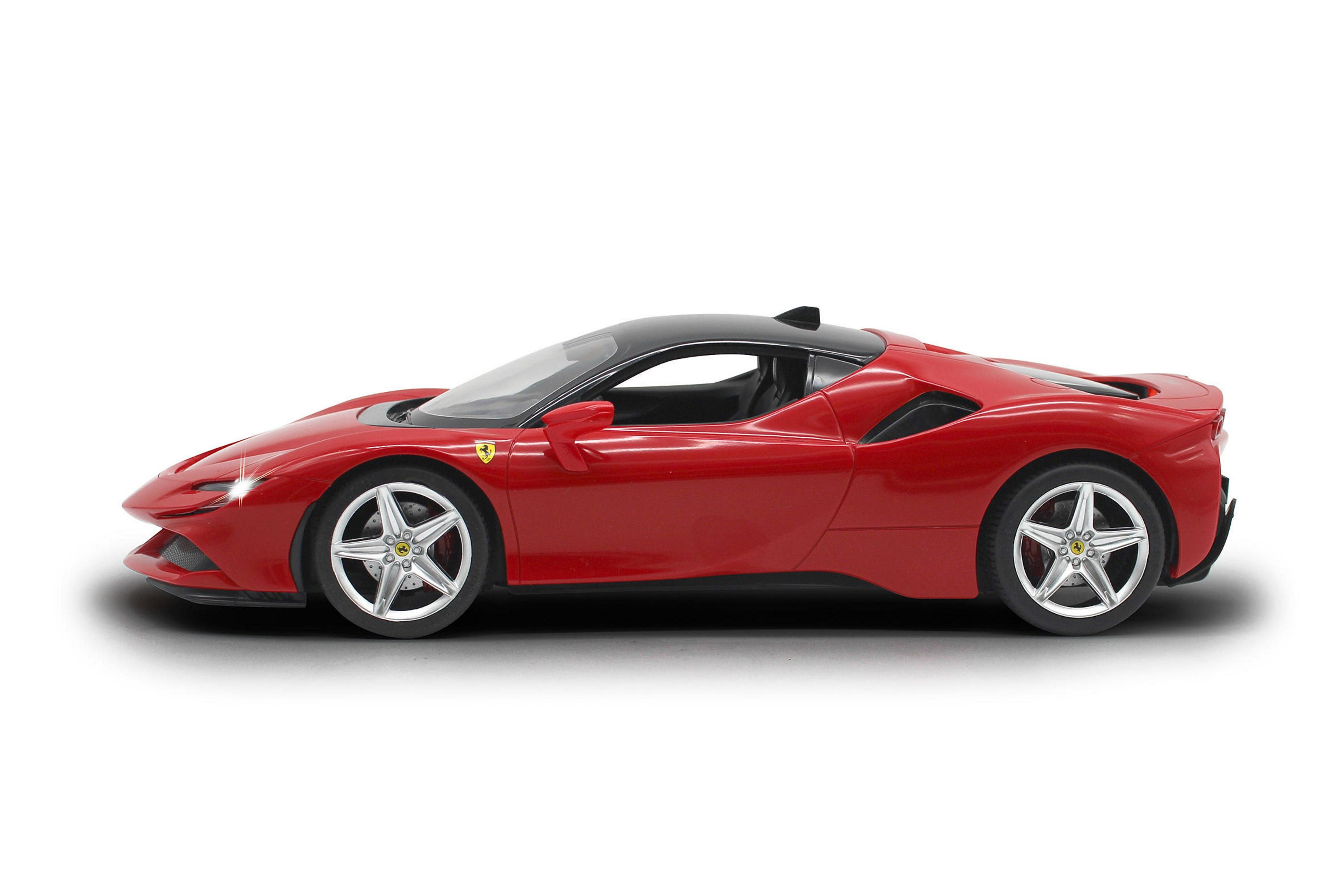 Ein roter Ferrari mit schwarzem Dach steht auf weißem Hintergrund.