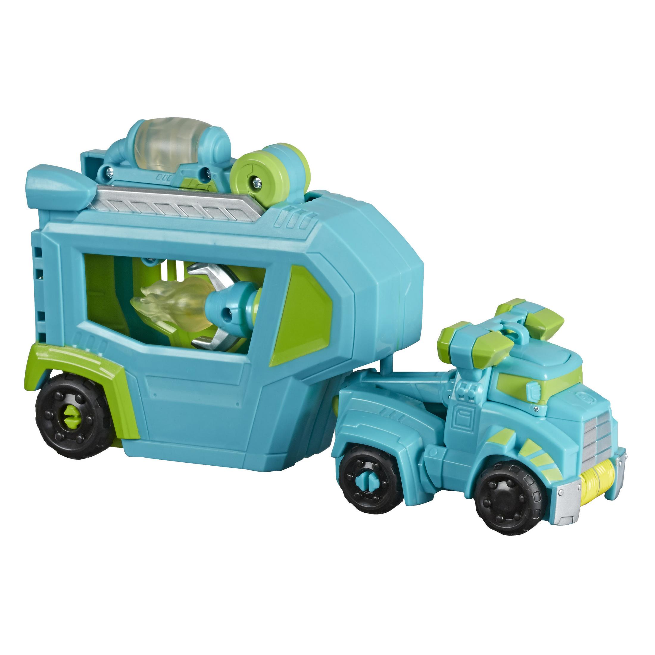 Un camion giocattolo blu e verde con rimorchio. Il rimorchio ha una cupola trasparente.