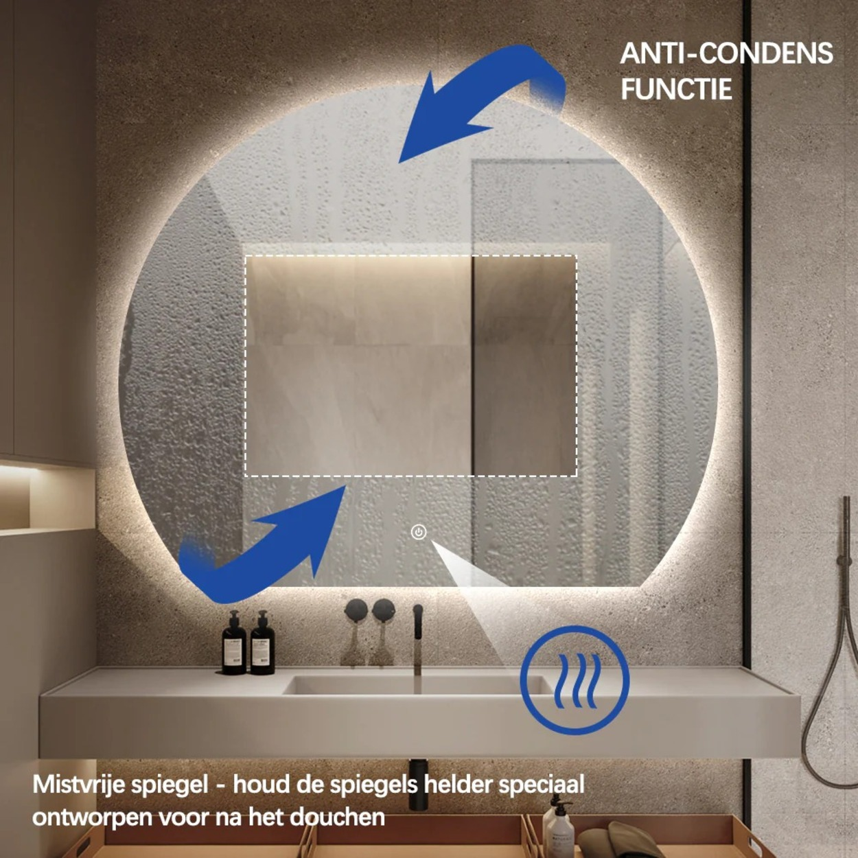 Mistvrije spiegel met anti-condens functie, speciaal voor na het douchen.
