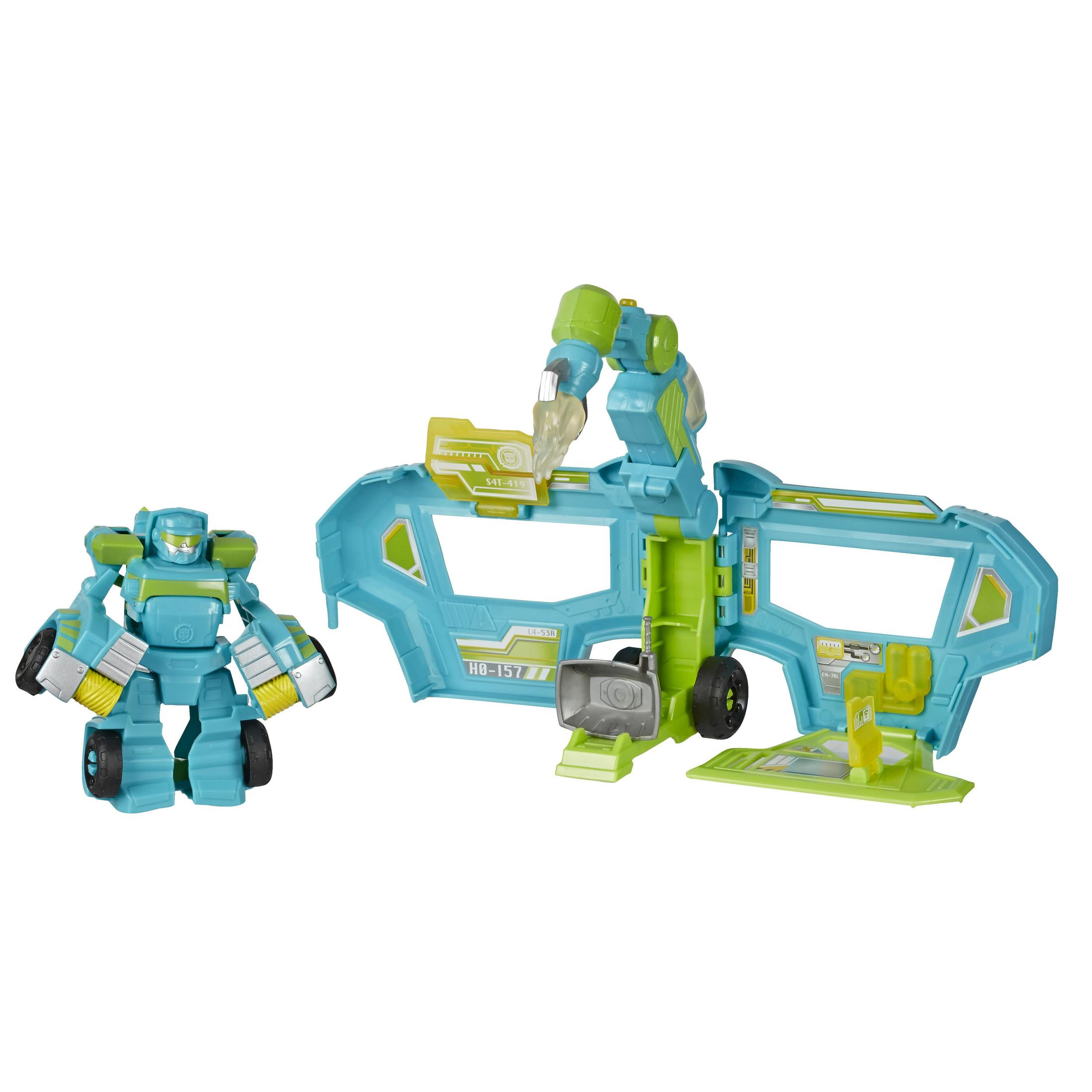 Un robot giocattolo blu e verde con un'officina giocattolo blu e verde.