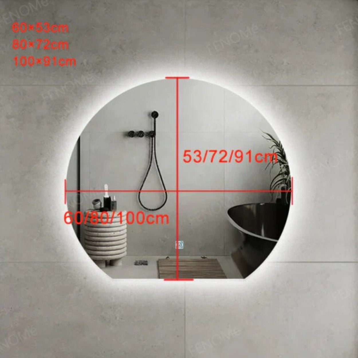 Ronde LED spiegel in badkamer met douchekop, wastafel en plant. Afmetingen getoond.